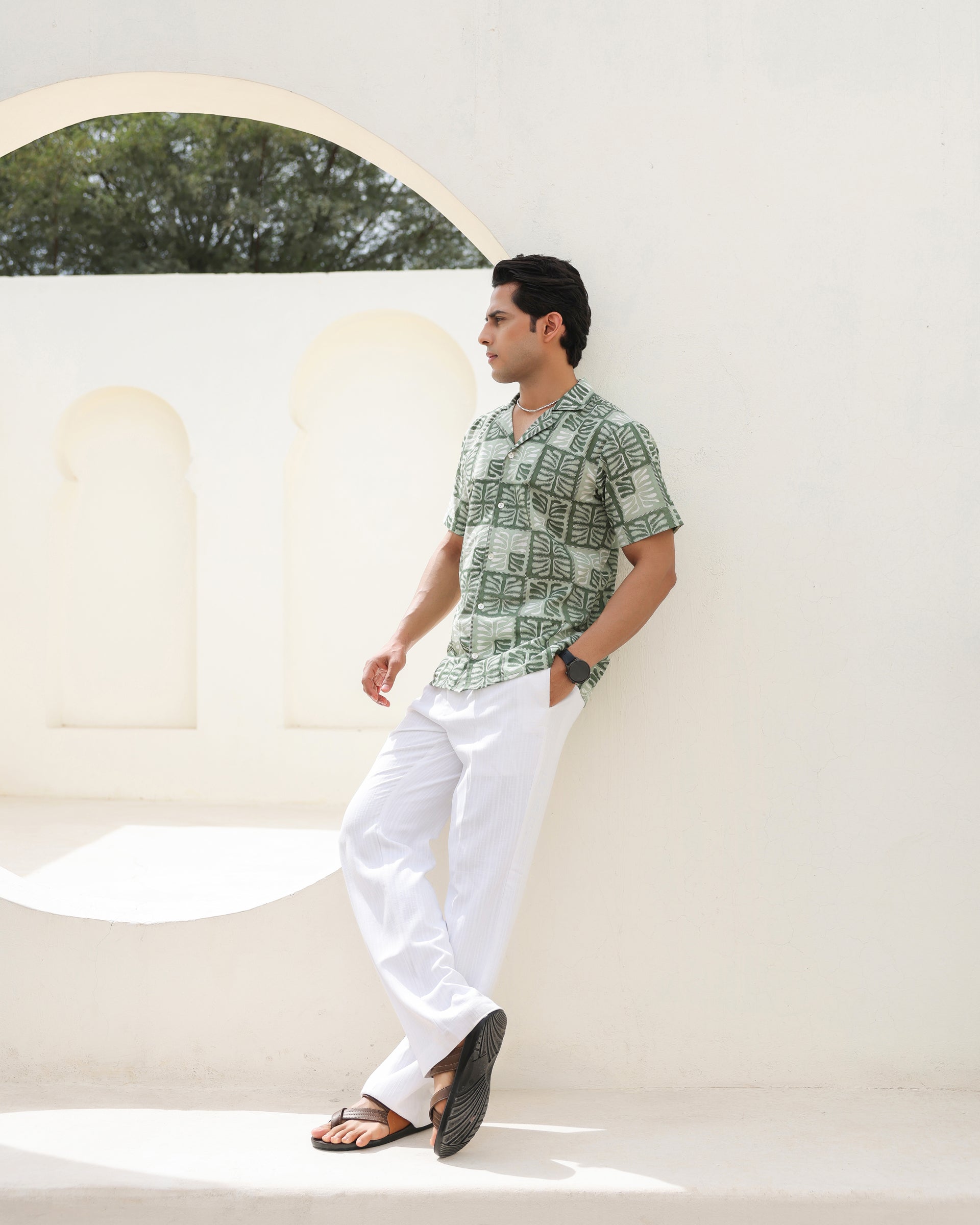 Women's Tropical Sage Leaf Printed Cuban Collar Shirt