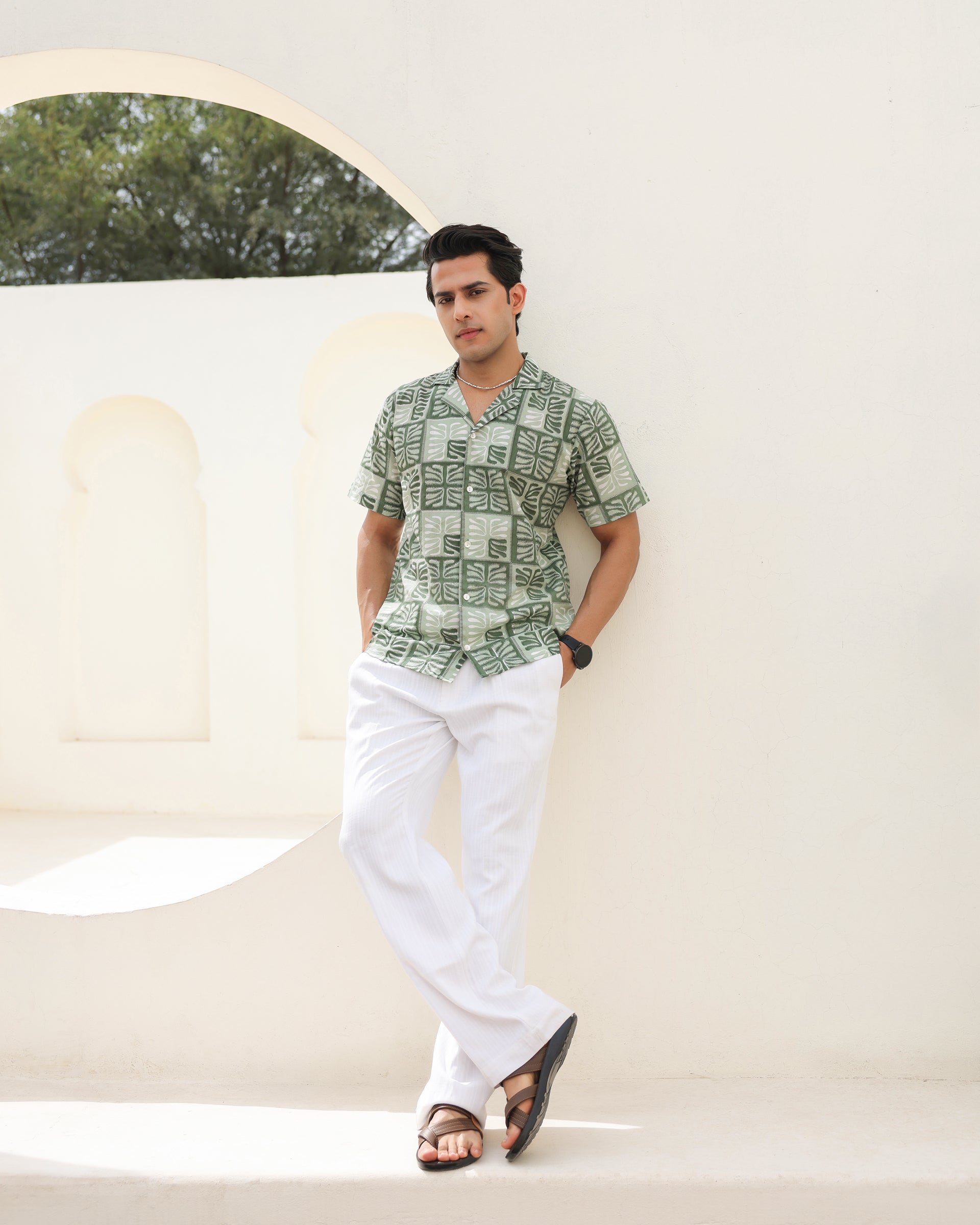 Women's Tropical Sage Leaf Printed Cuban Collar Shirt