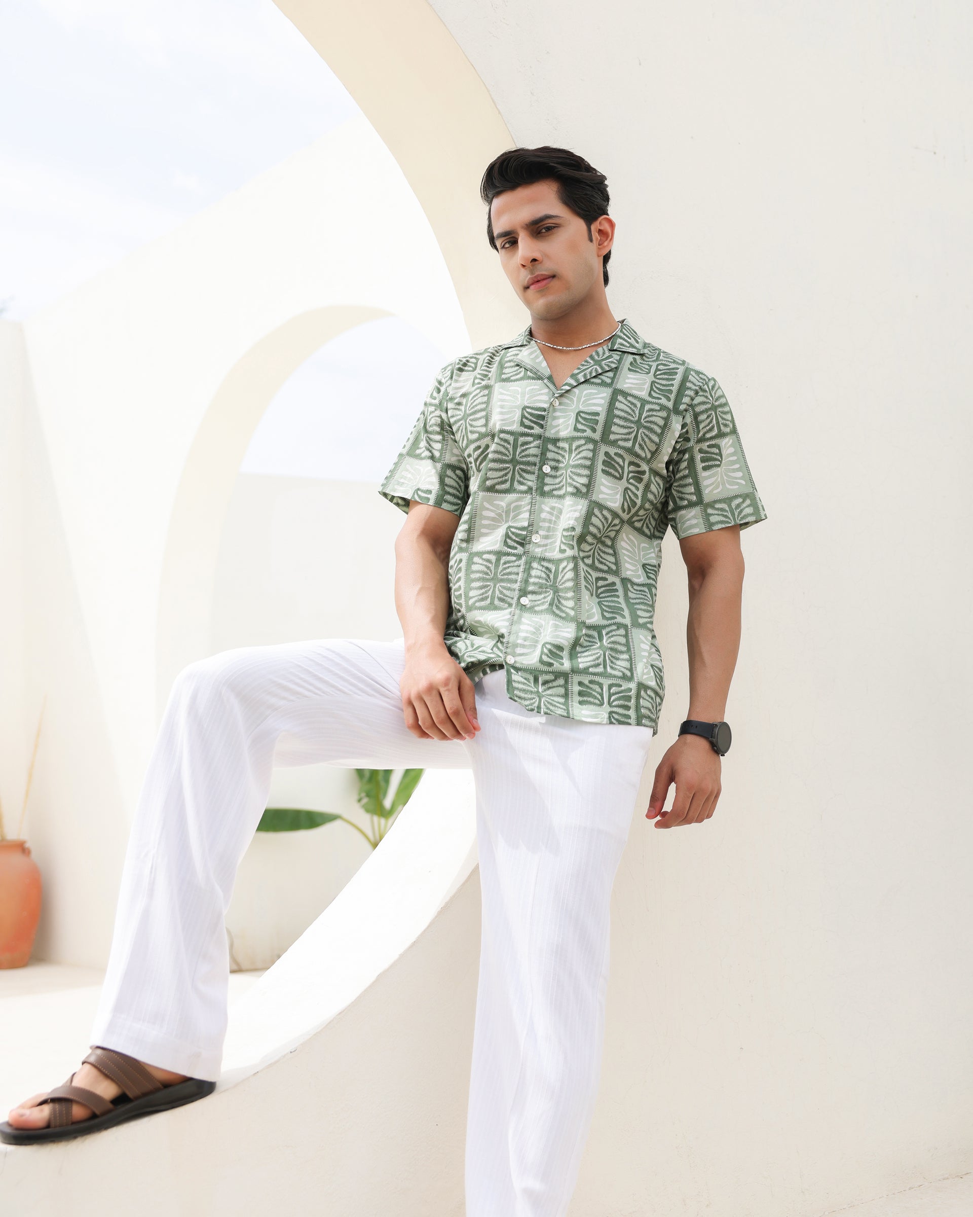 Women's Tropical Sage Leaf Printed Cuban Collar Shirt