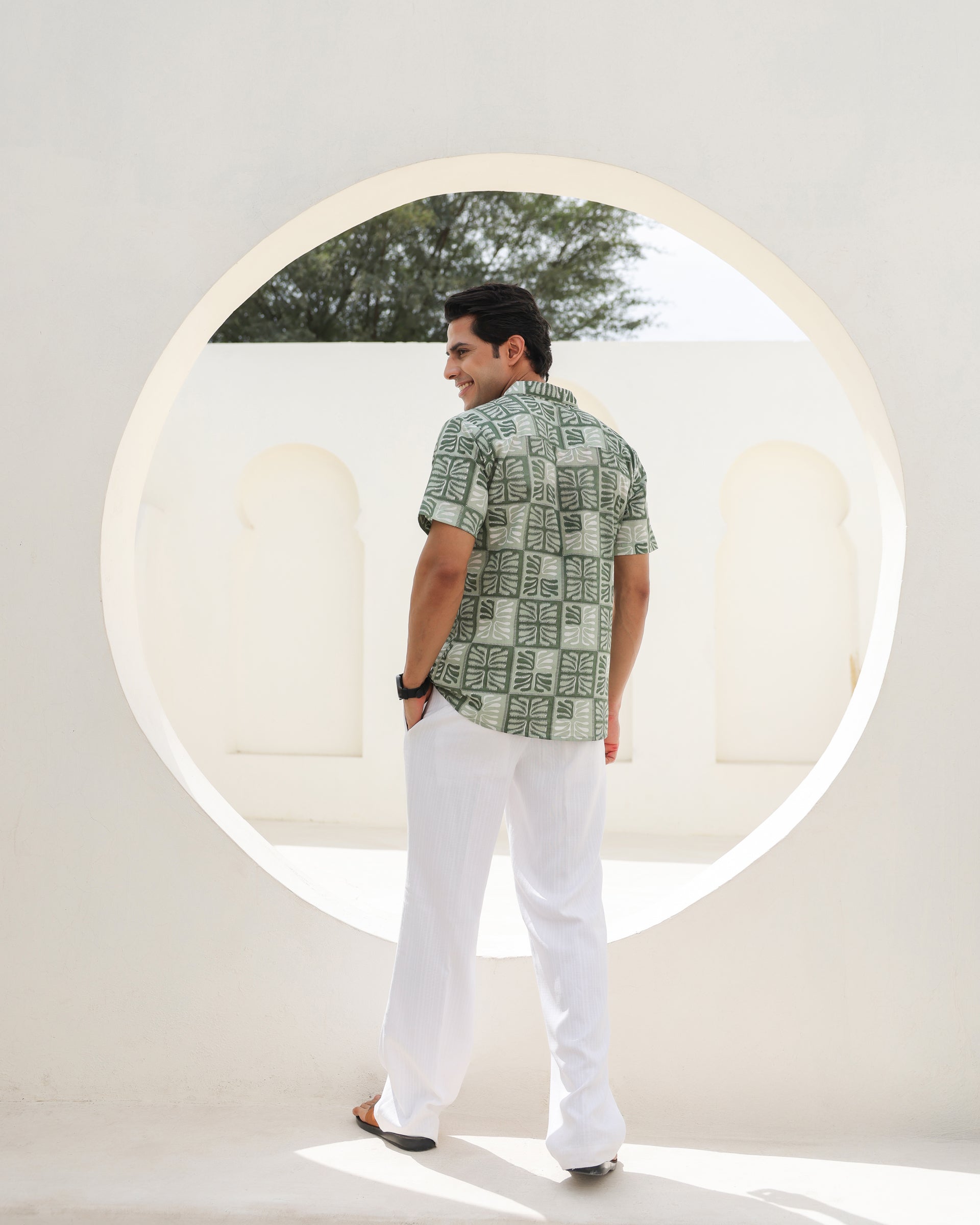 Women's Tropical Sage Leaf Printed Cuban Collar Shirt