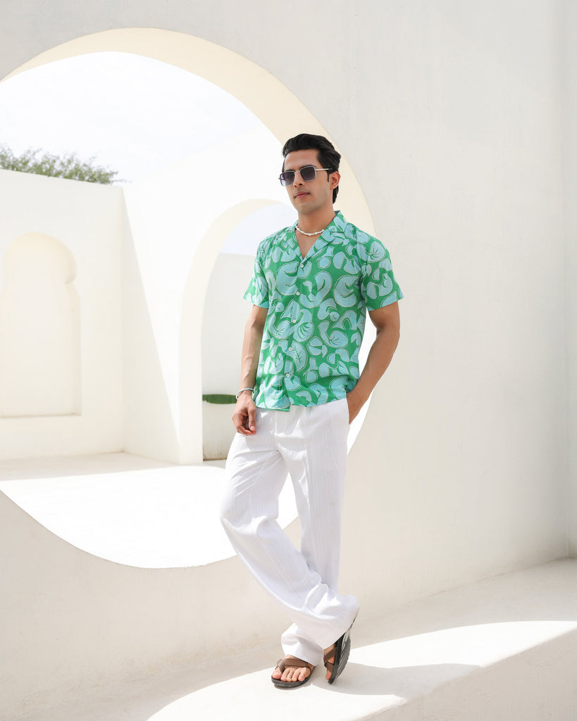 Women's Aqua Swirl Print Cuban Collar Shirt