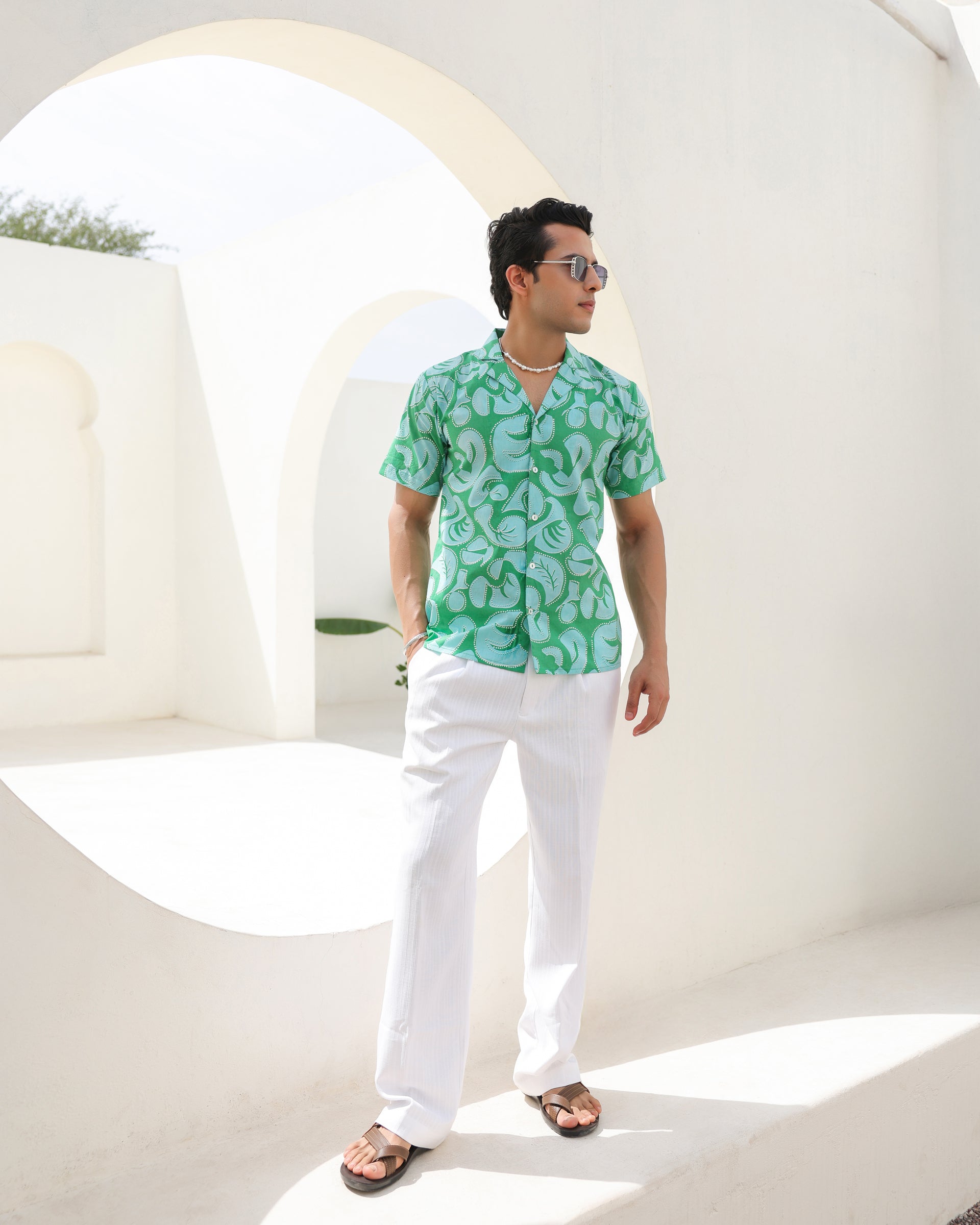 Women's Aqua Swirl Print Cuban Collar Shirt