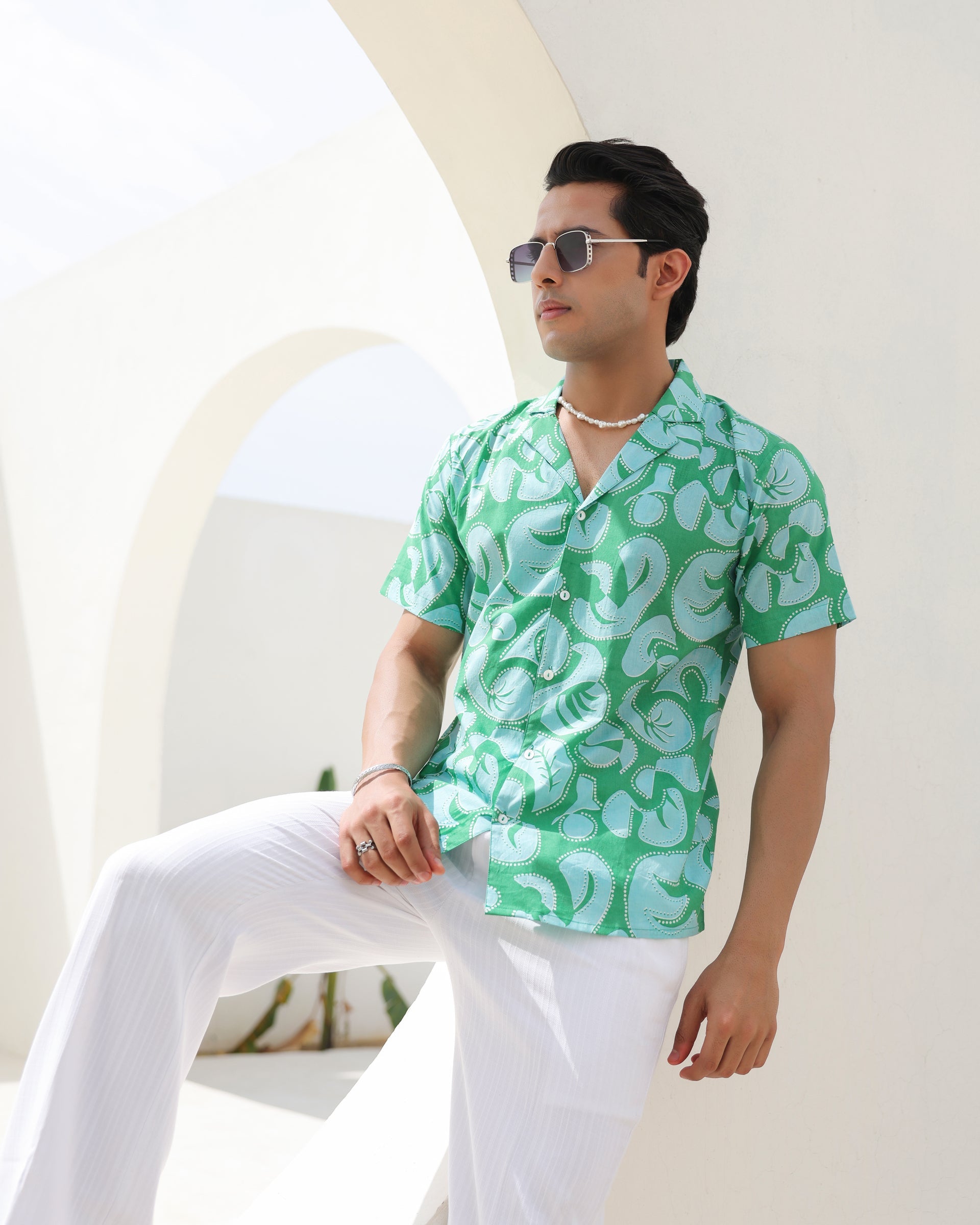 Women's Aqua Swirl Print Cuban Collar Shirt