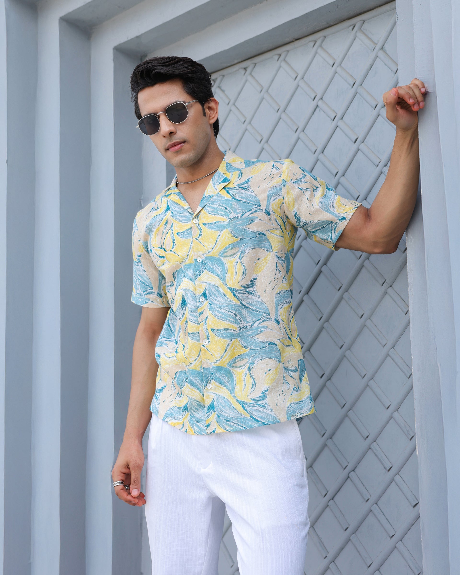 Women's Sunset Breeze Leaf Print Cuban Collar Shirt