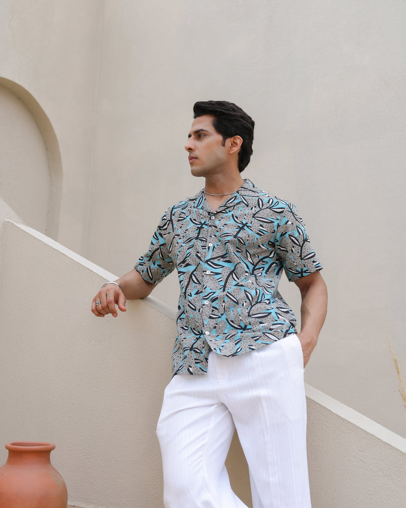 Women's Midnight Tropic Abstract Leaf Cuban Collar Shirt