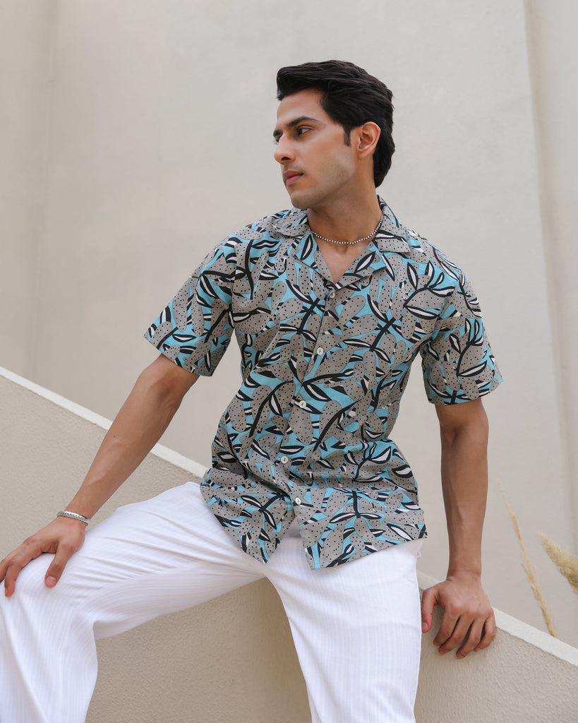 Women's Midnight Tropic Abstract Leaf Cuban Collar Shirt