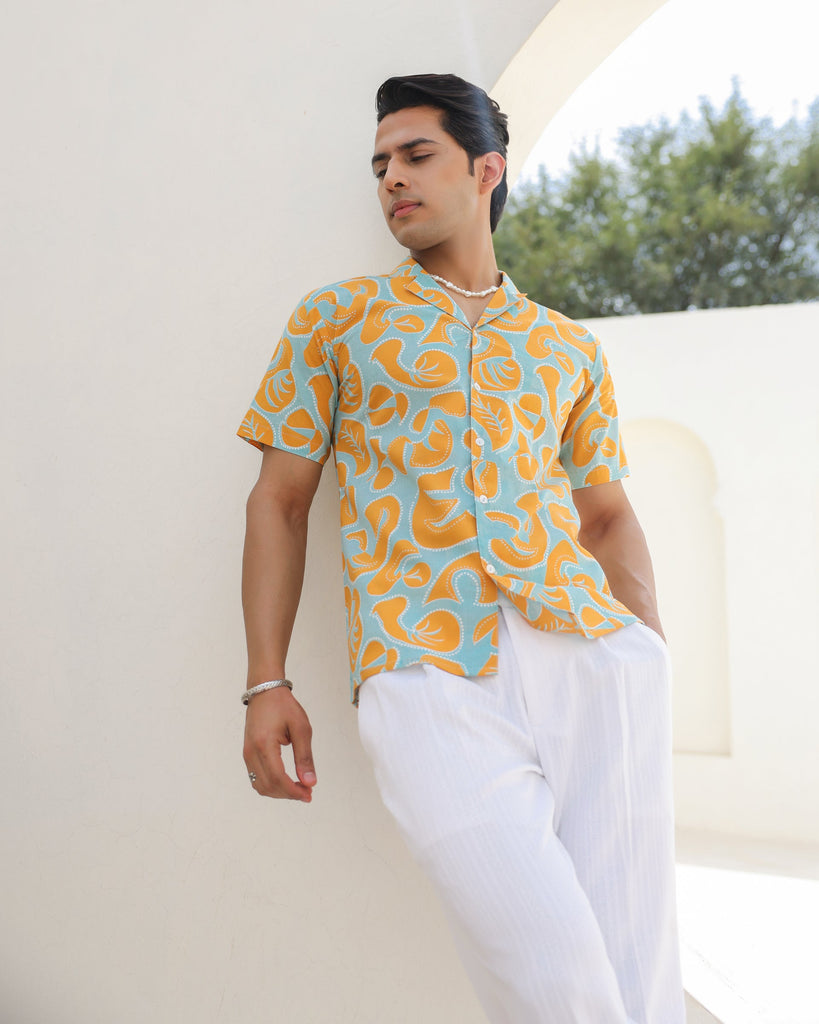 Women's Citrus Pop Leaf Print Cuban Collar Shirt