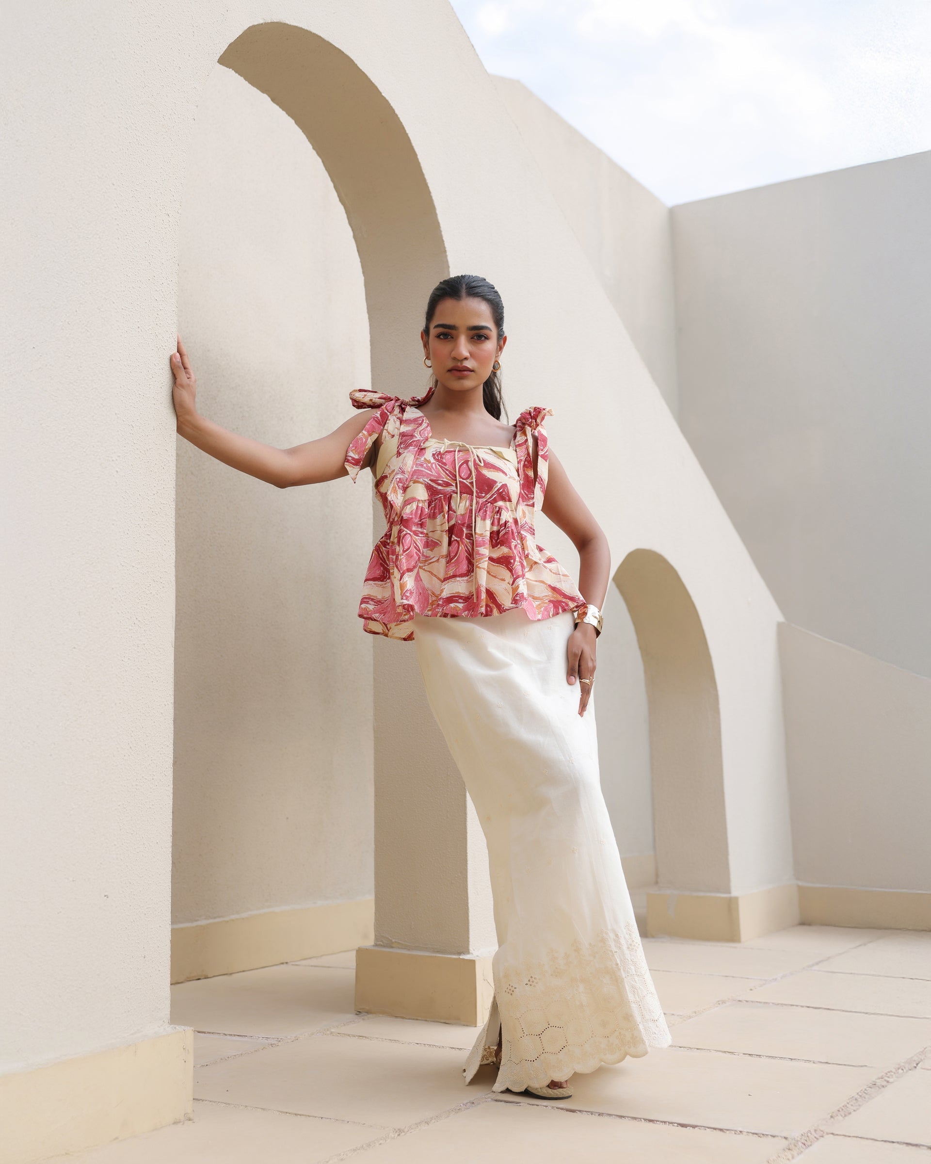 Women's Floral Peplum Top and Embroidered Skirt Set