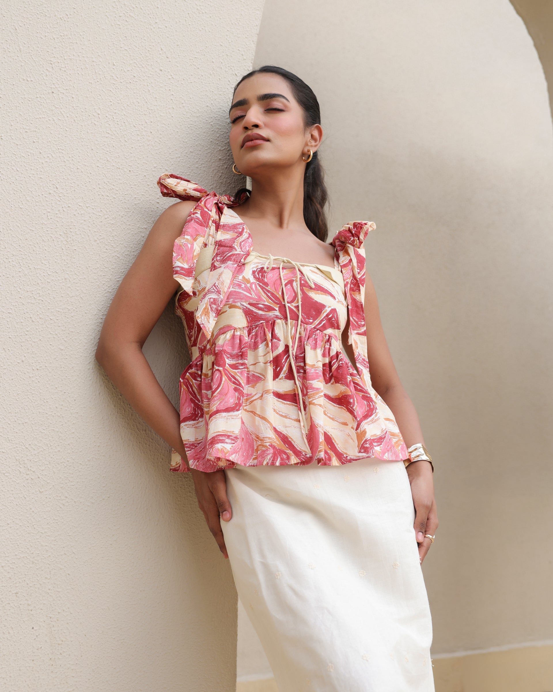 Women's Floral Peplum Top and Embroidered Skirt Set
