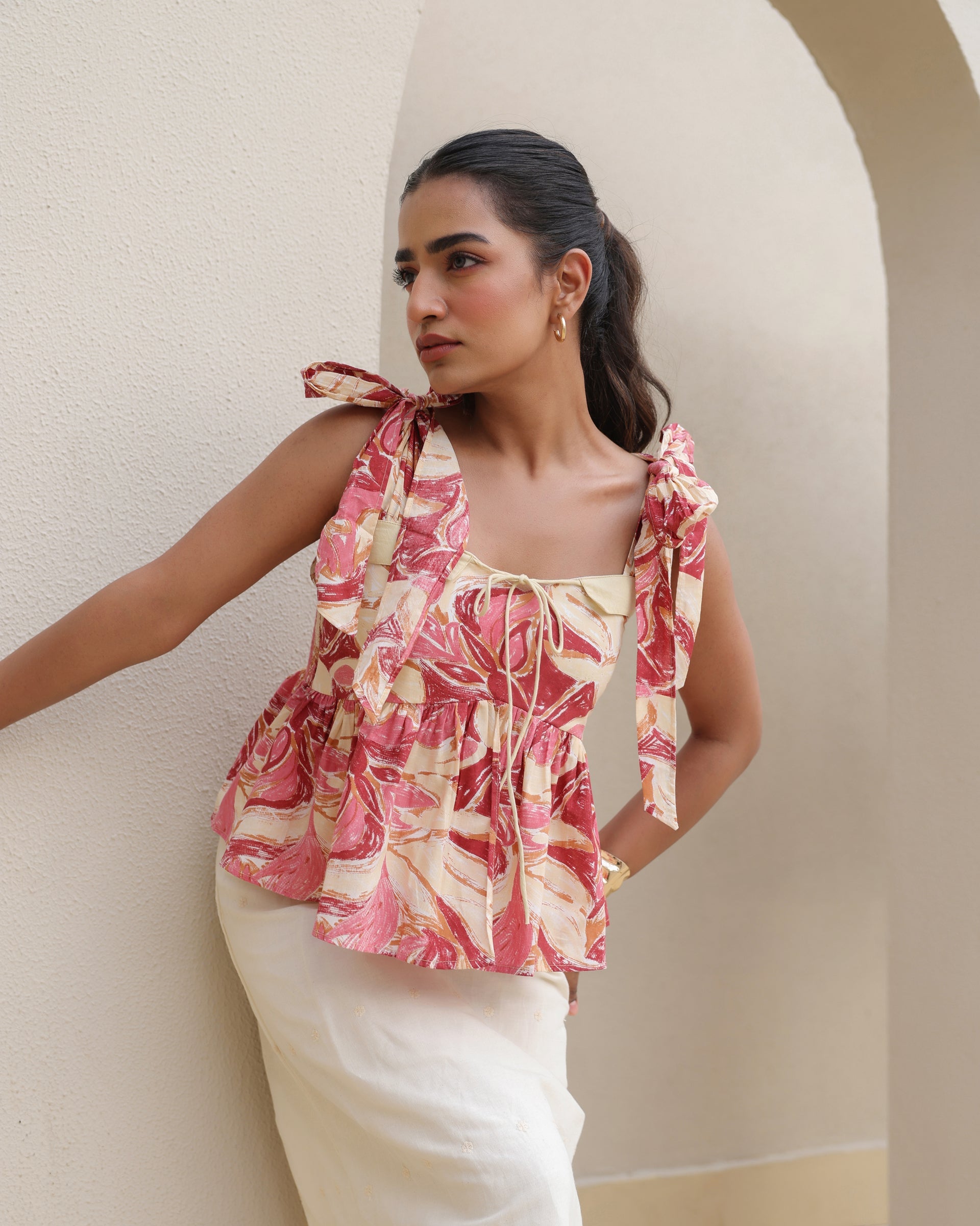 Women's Floral Peplum Top and Embroidered Skirt Set