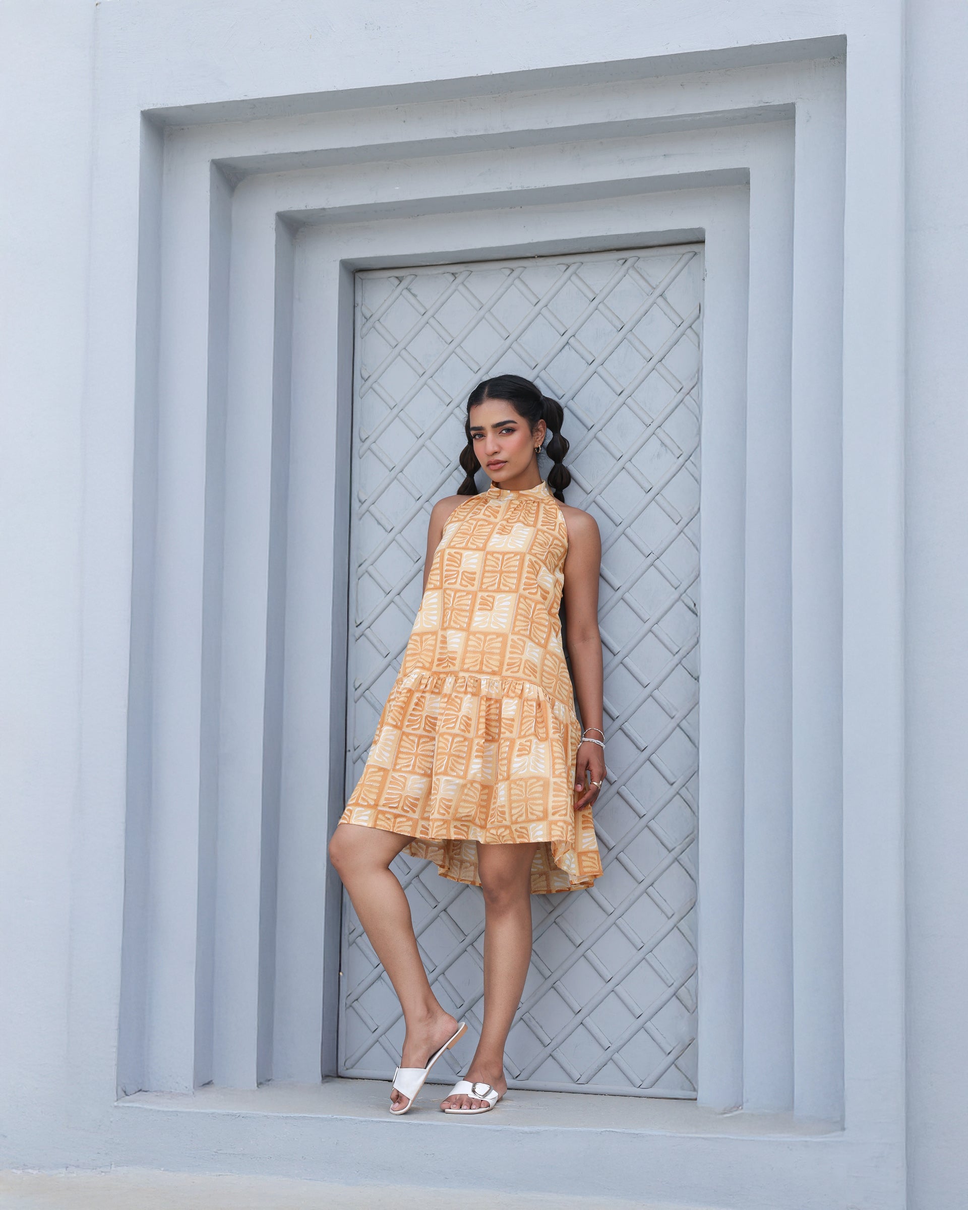 Women's Golden Grid Mini Halter Dress