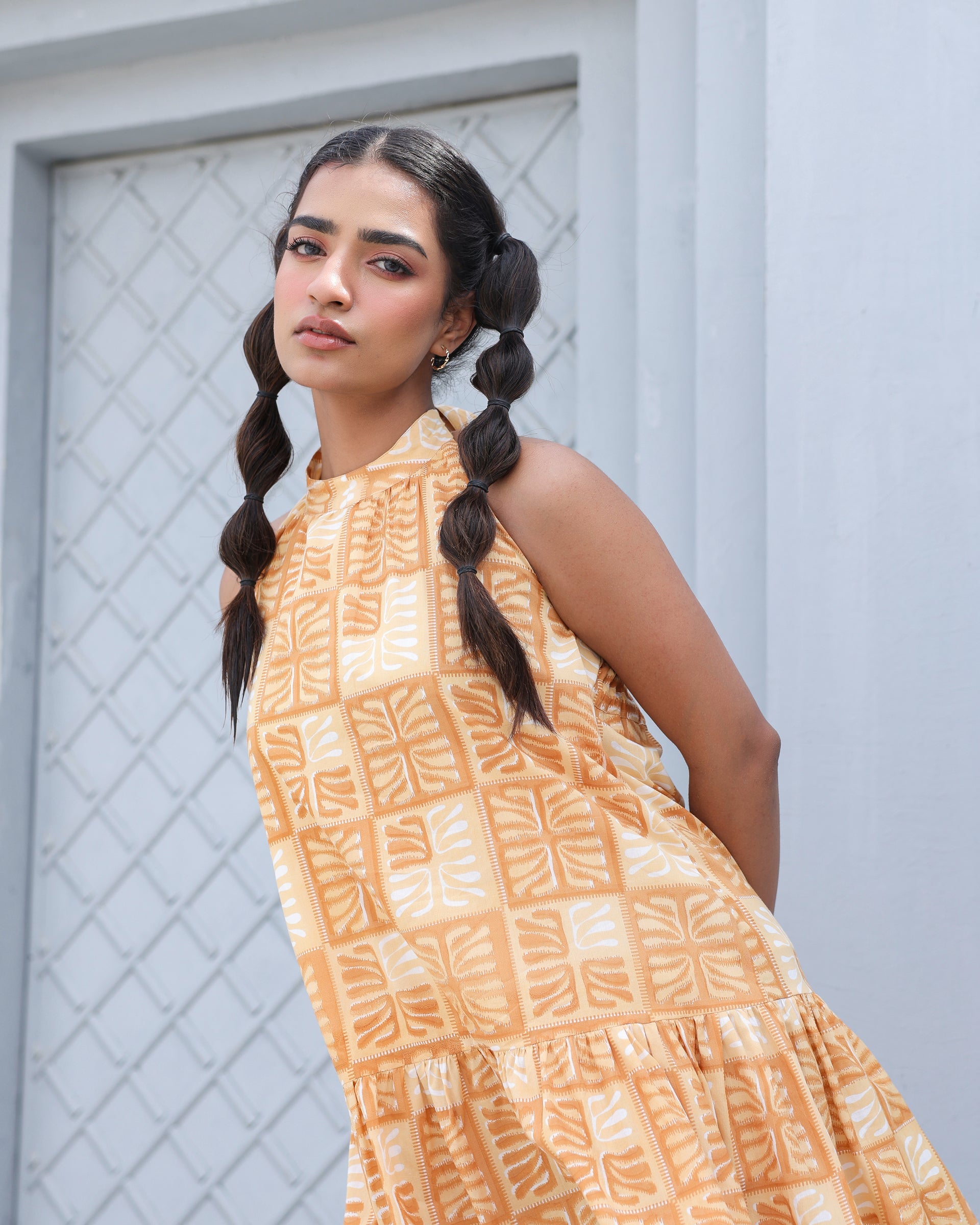 Women's Golden Grid Mini Halter Dress