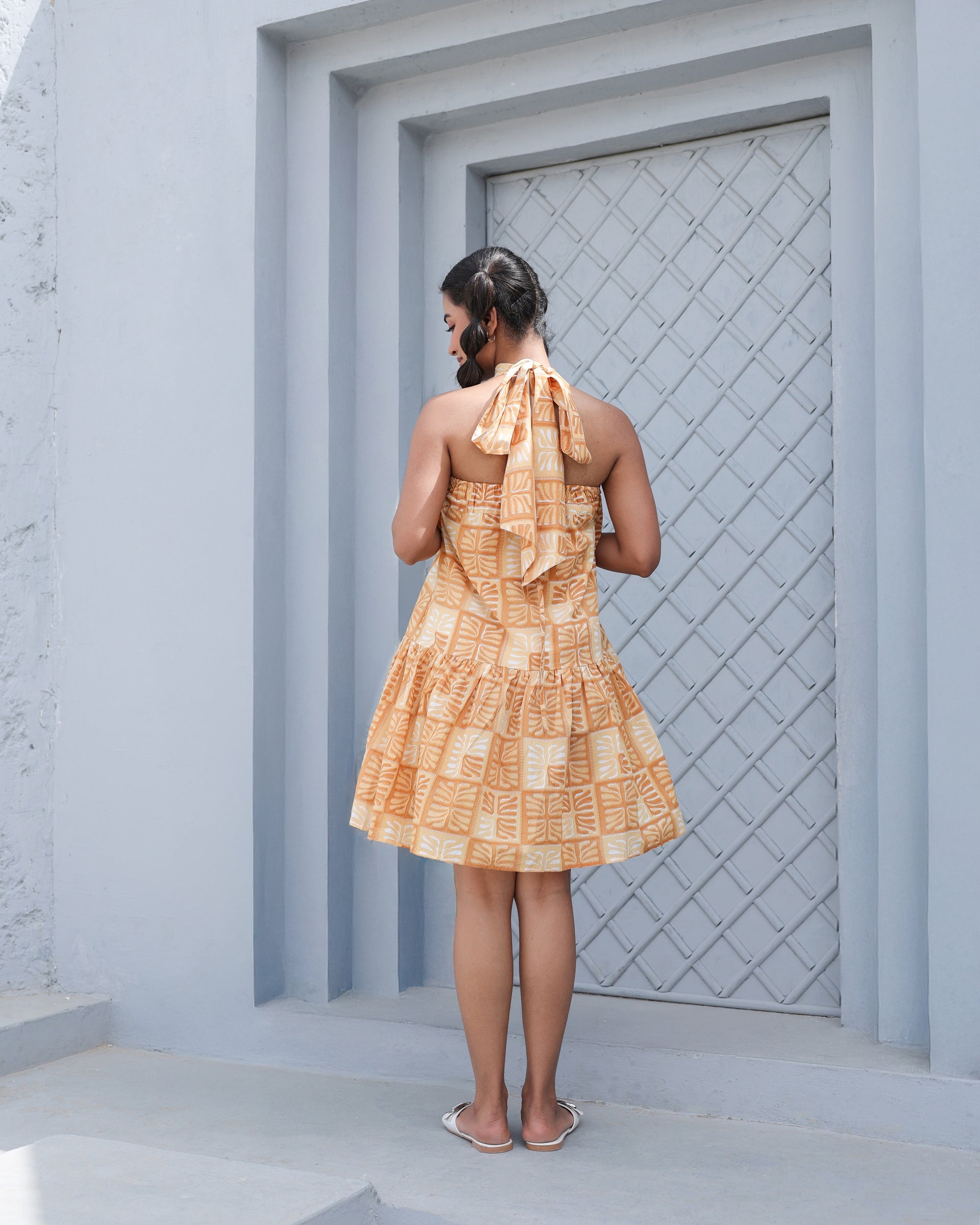 Women's Golden Grid Mini Halter Dress