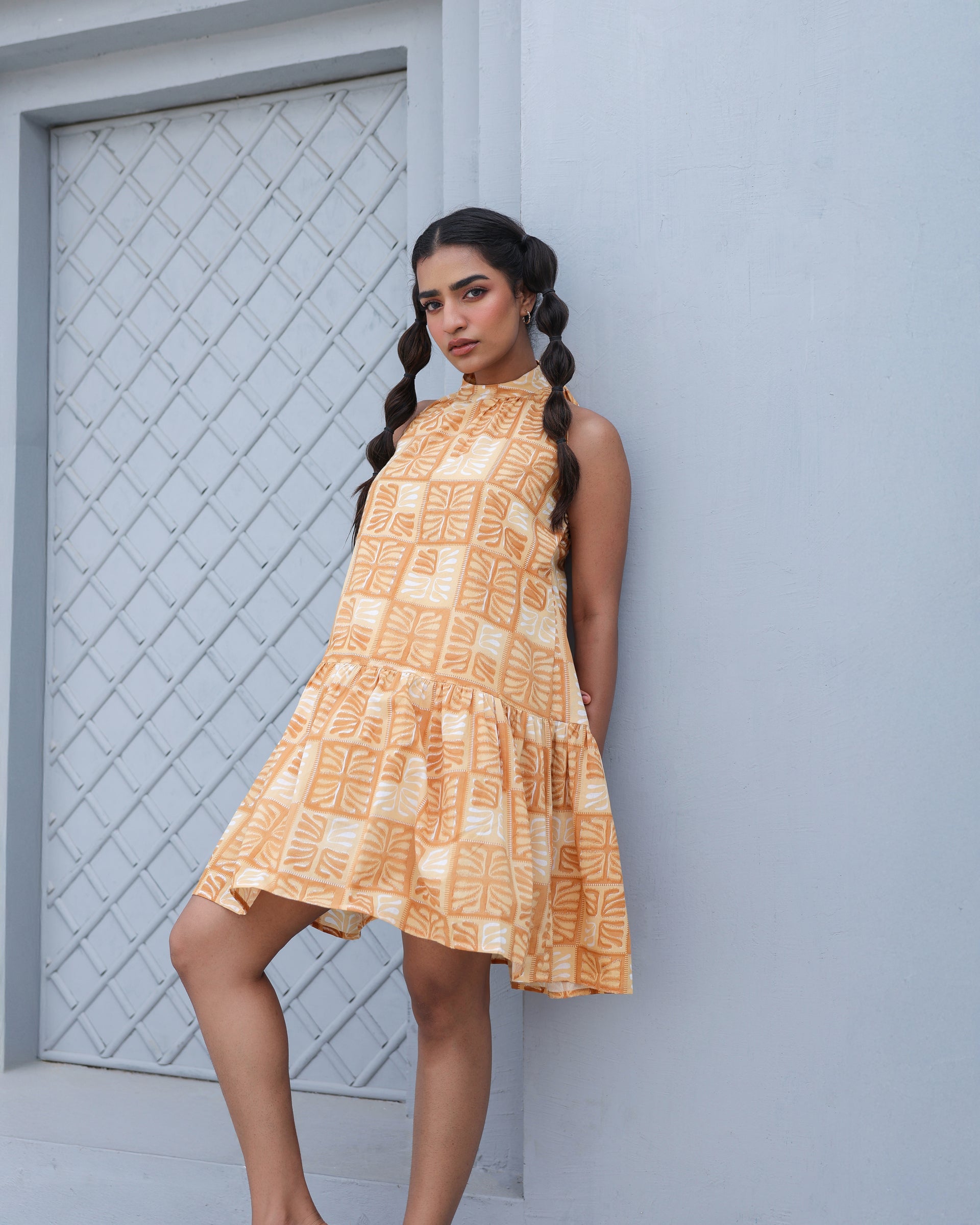 Women's Golden Grid Mini Halter Dress