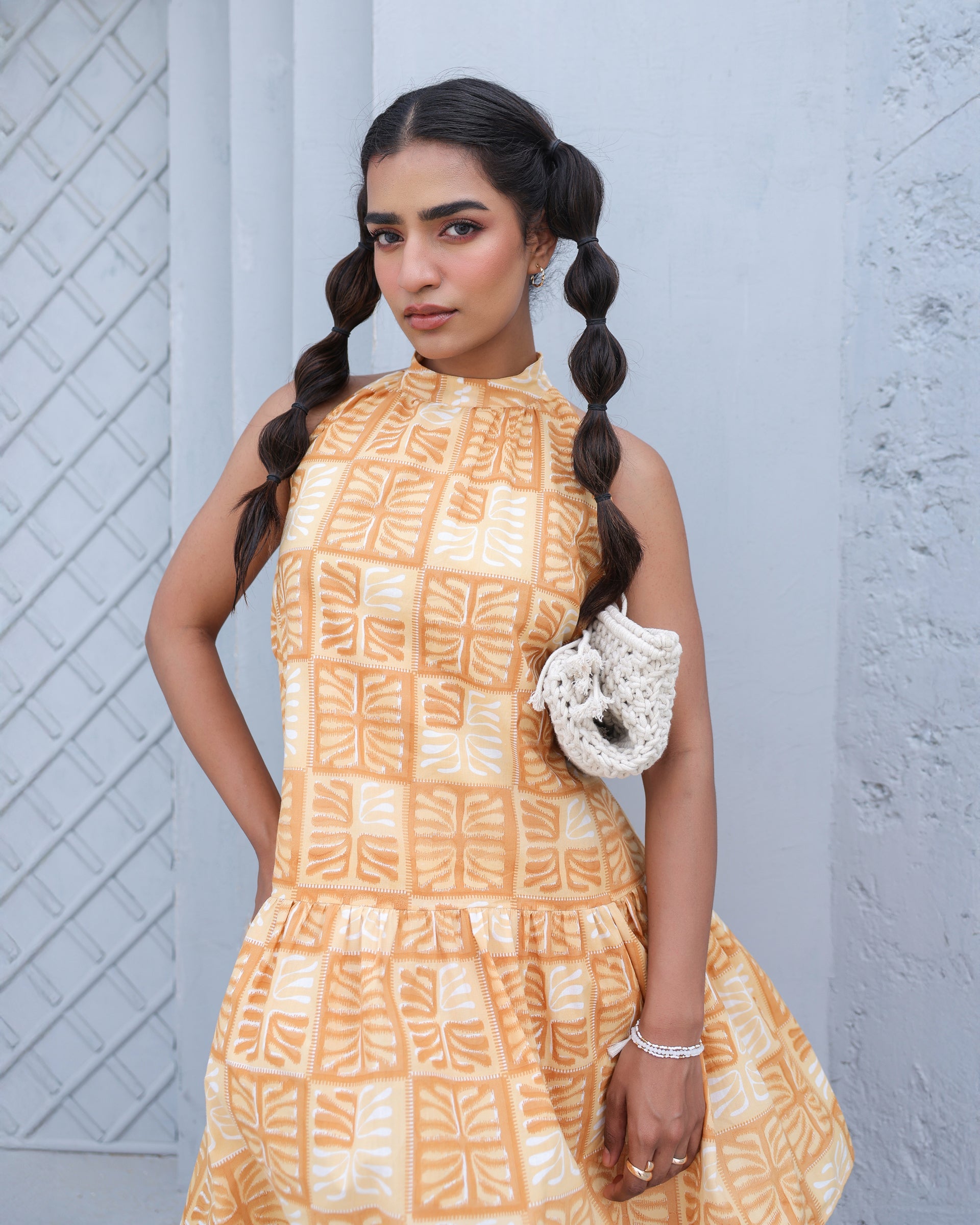 Women's Golden Grid Mini Halter Dress