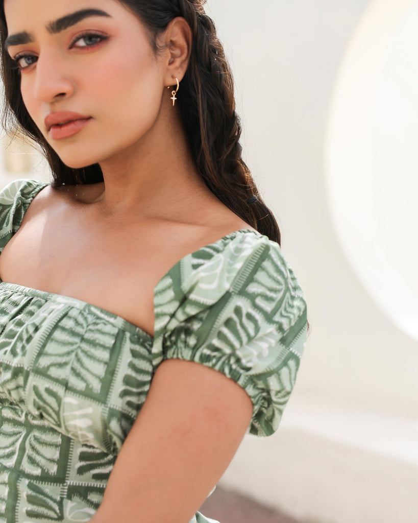 Women's Sage Tile Puff Sleeve Mini Dress