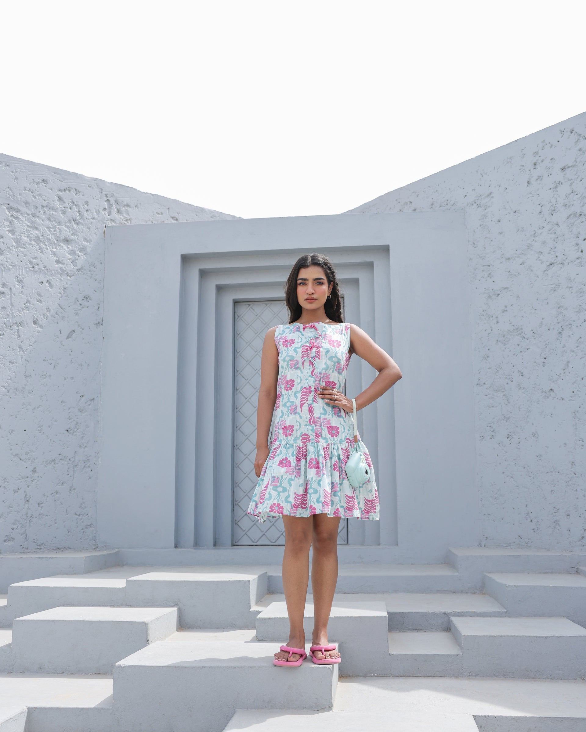 Women's Aqua Blossom Sleeveless Ruffle Hem Dress