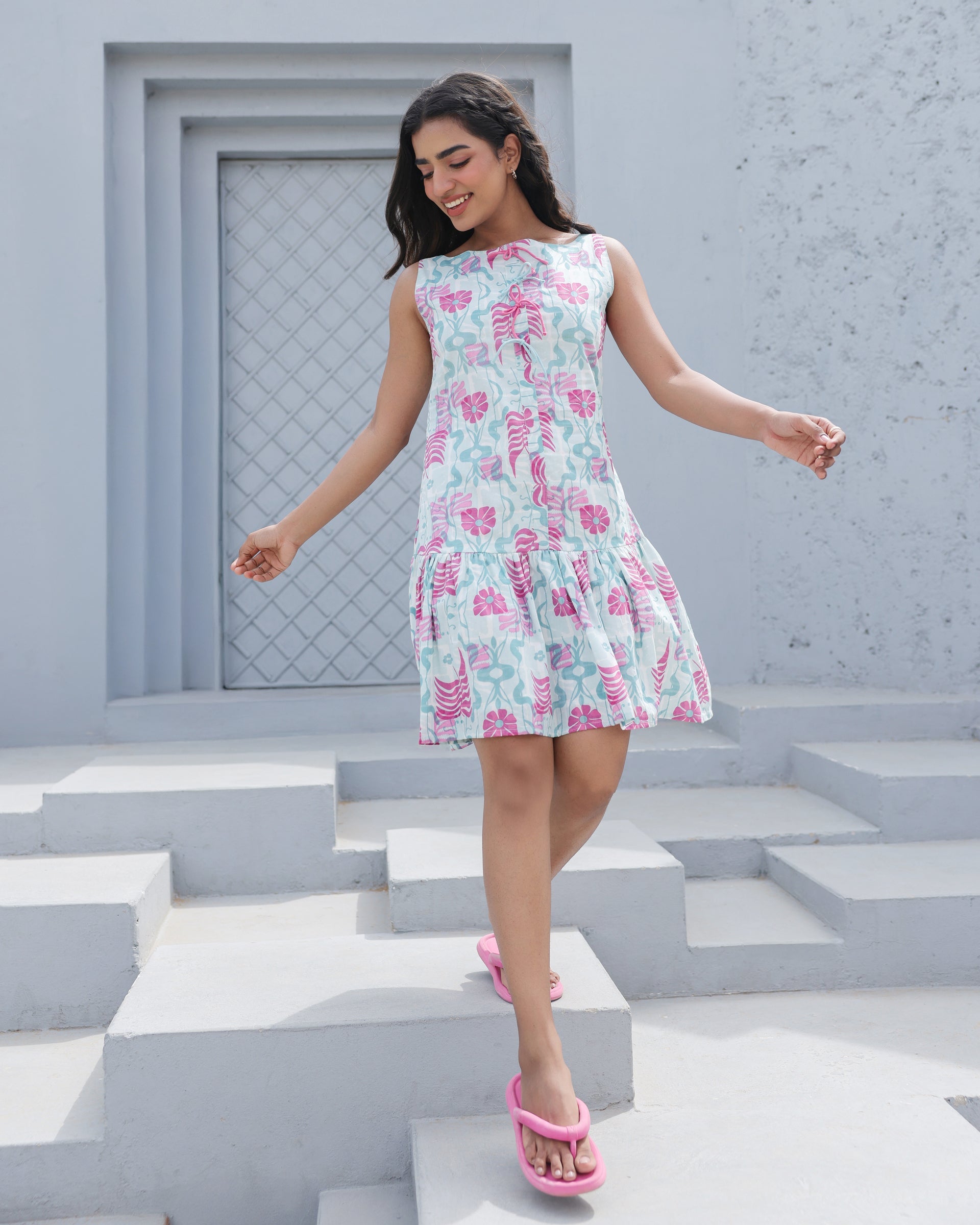 Women's Aqua Blossom Sleeveless Ruffle Hem Dress