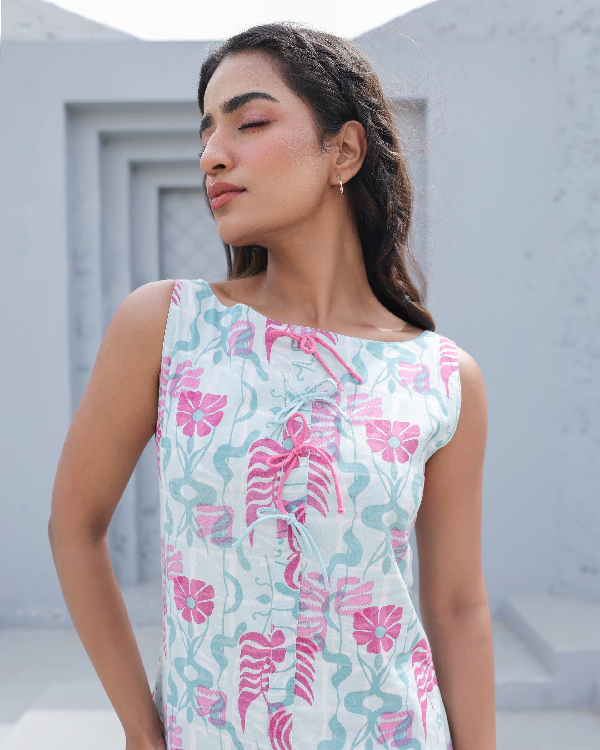 Women's Aqua Blossom Sleeveless Ruffle Hem Dress