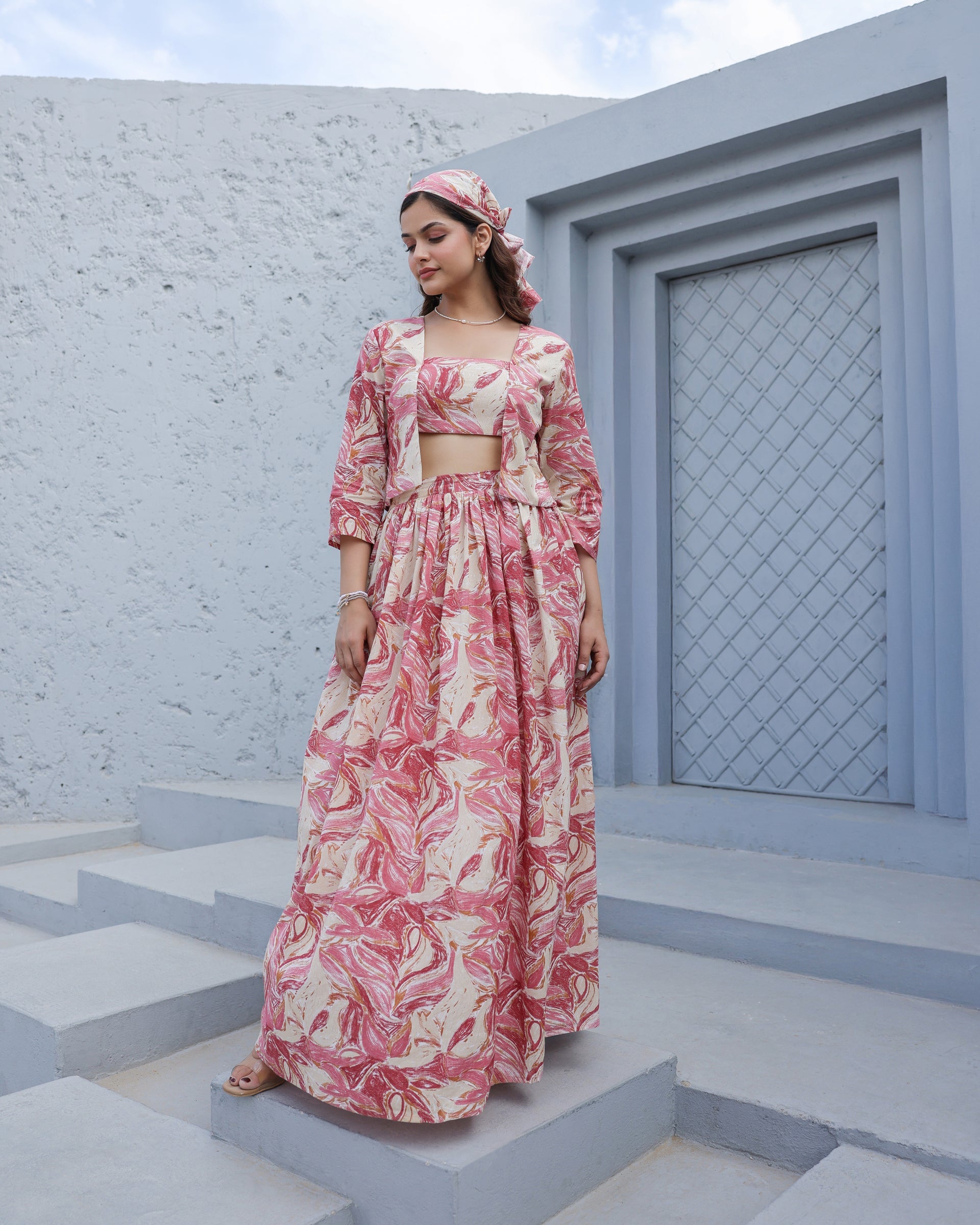 Women's Crimson Marble 3-Piece Skirt Co-Ord Set