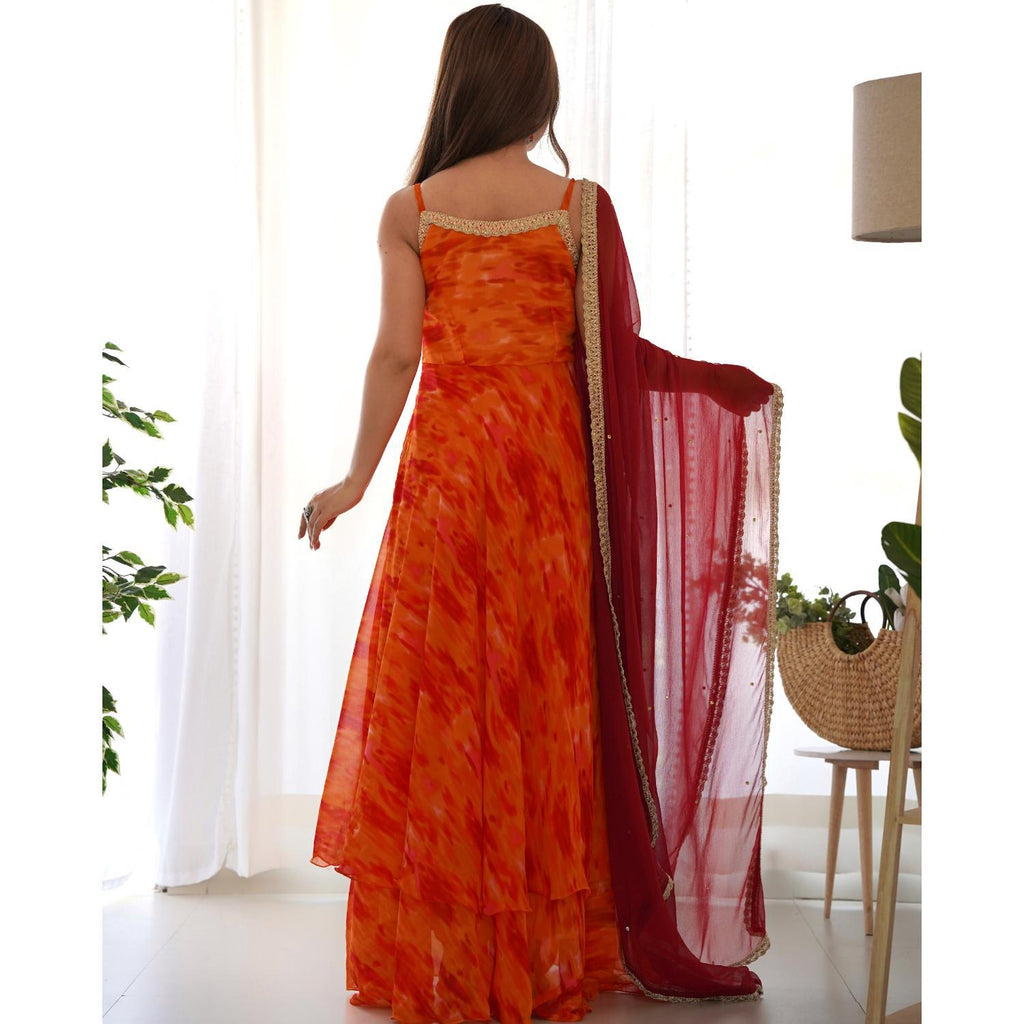 Women's Orange And Red Bandhani Anarkali Kurta With Dupatta