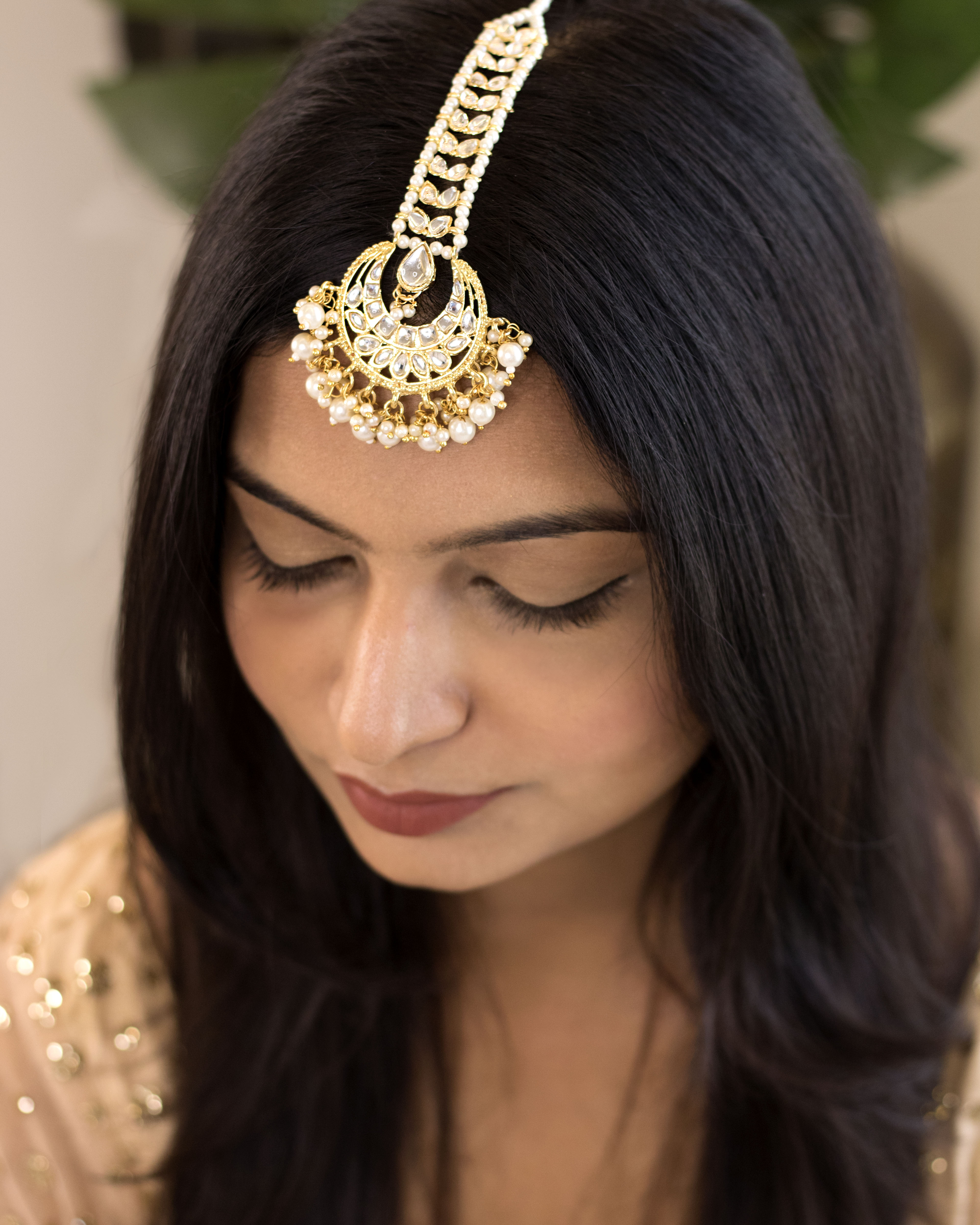 Women's Traditional Gold Plated Kundan & Pearl Studded Maang Tikka