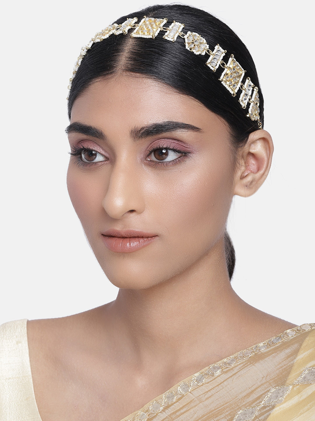 Women's 18k Gold Plated Floral Kundan Pearl Studde Sheeshpatti