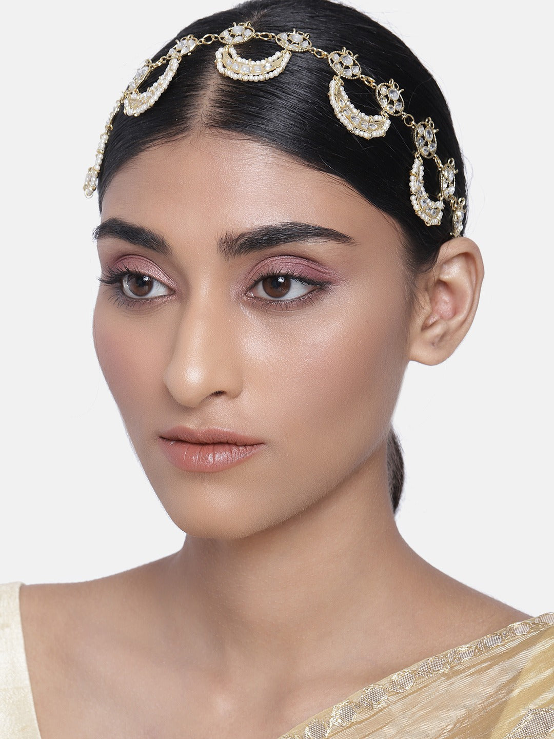 Women's 18k Gold Plated Floral Kundan Pearl Studde Sheeshpatti