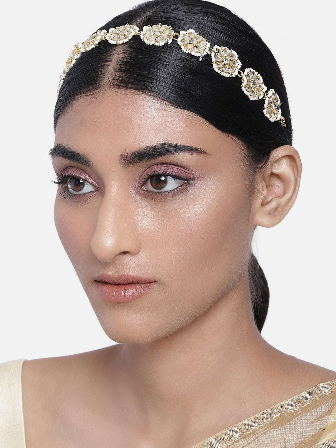 Women's 18k Gold Plated Floral Kundan Pearl Studde Sheeshpatti