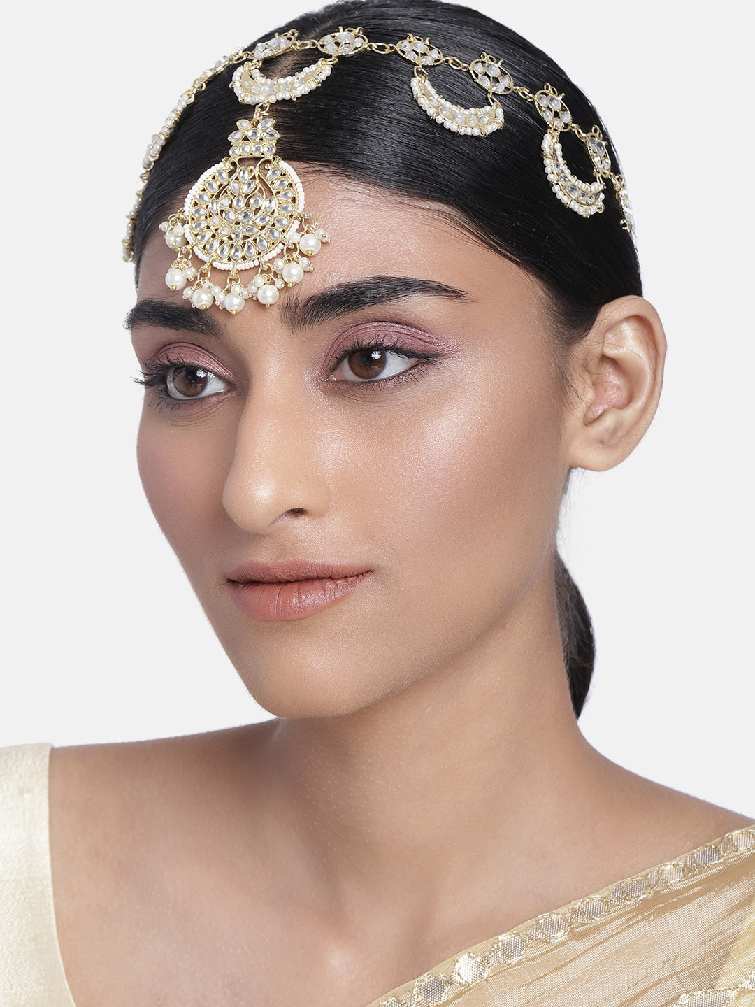 Women's 18k Gold Plated Floral Kundan Pearl Studde Sheeshpatti