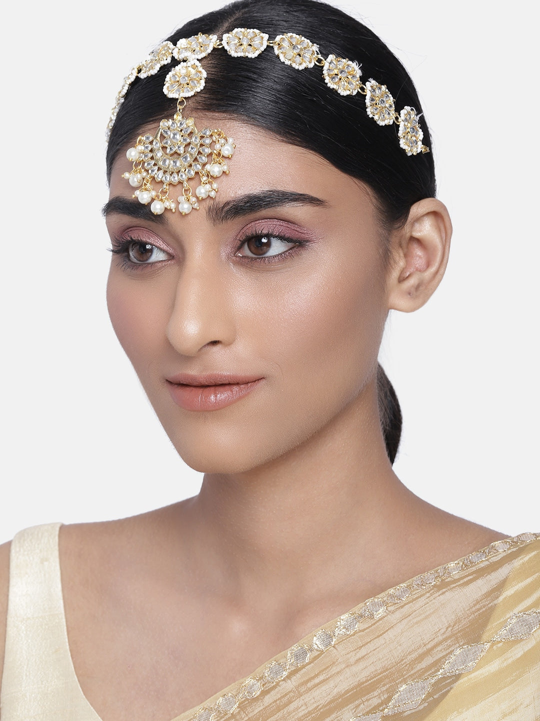 Women's 18k Gold Plated Floral Kundan Pearl Studde Sheeshpatti