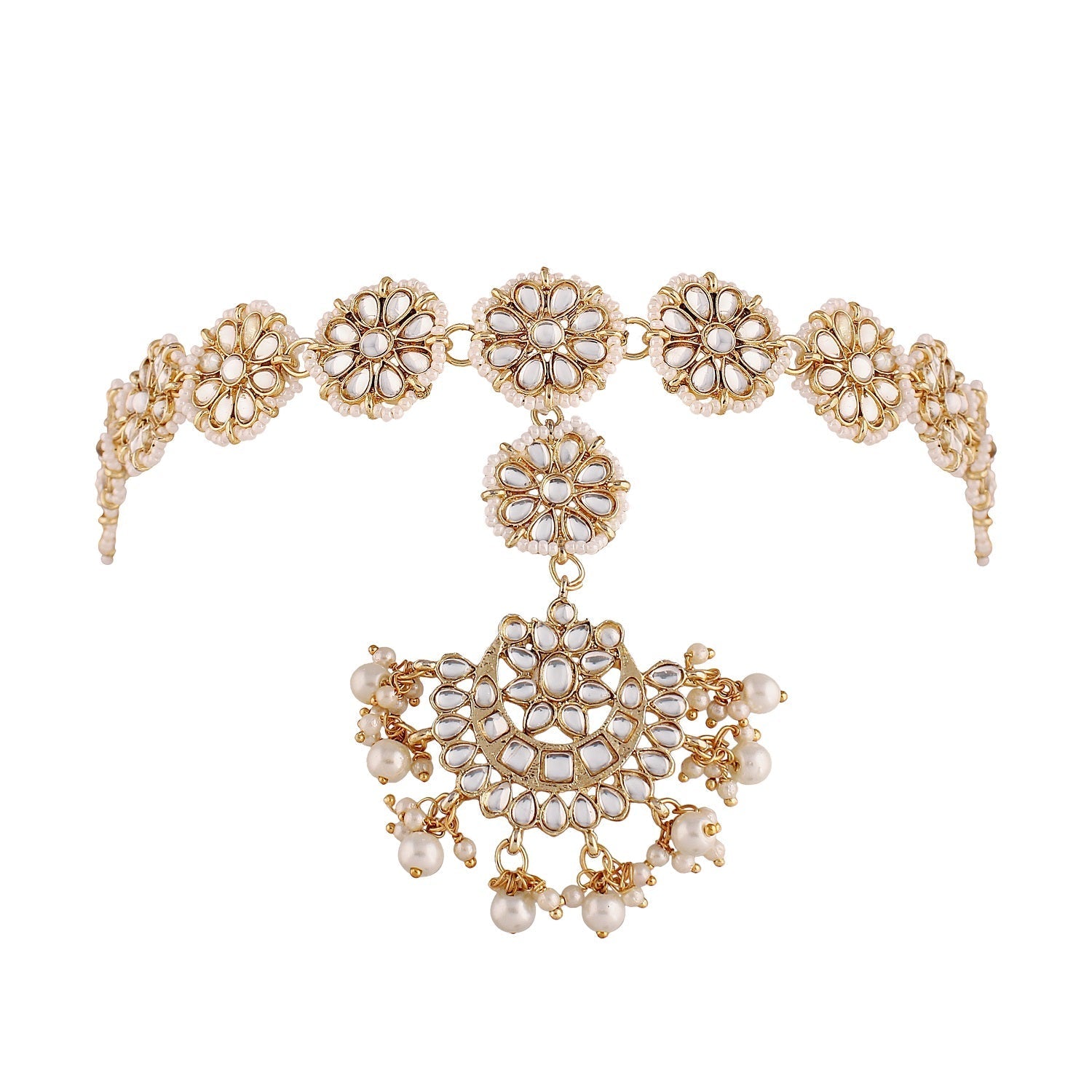 Women's 18k Gold Plated Floral Kundan Pearl Studde Sheeshpatti