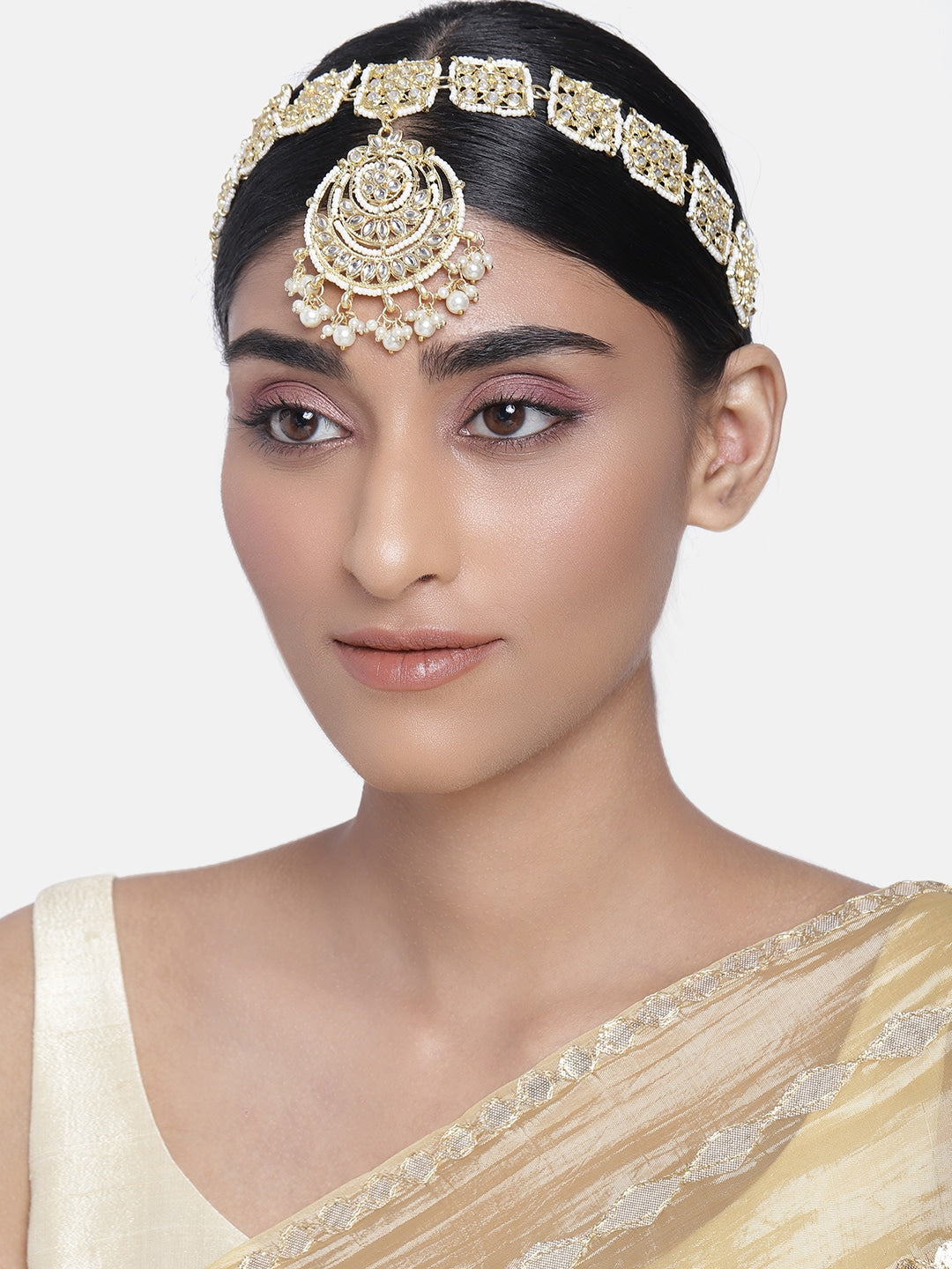 Women's 18k Gold Plated Floral Kundan Pearl Studde Sheeshpatti