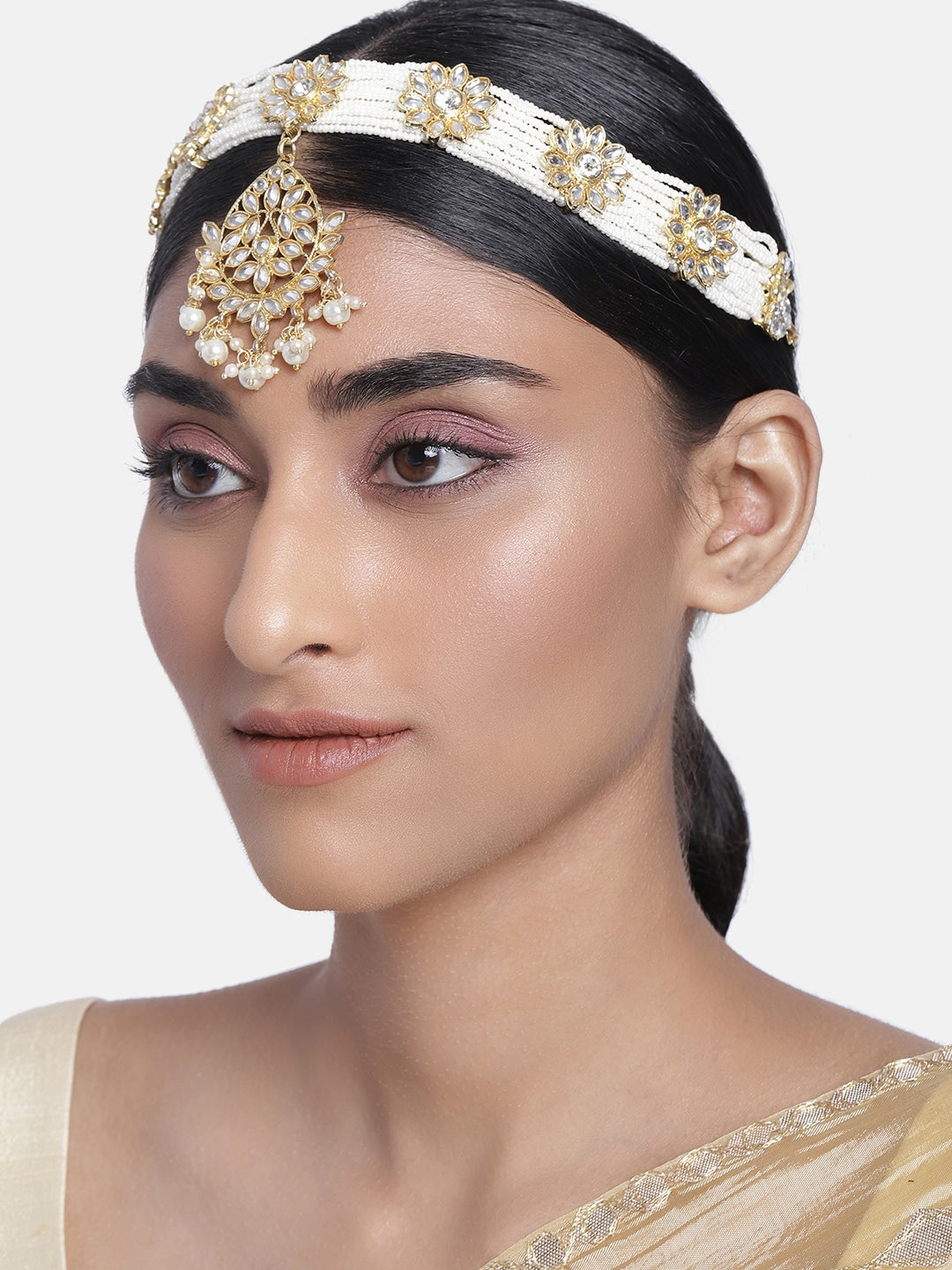 Women's 18k Gold Plated Floral Kundan Pearl Studde Sheeshpatti