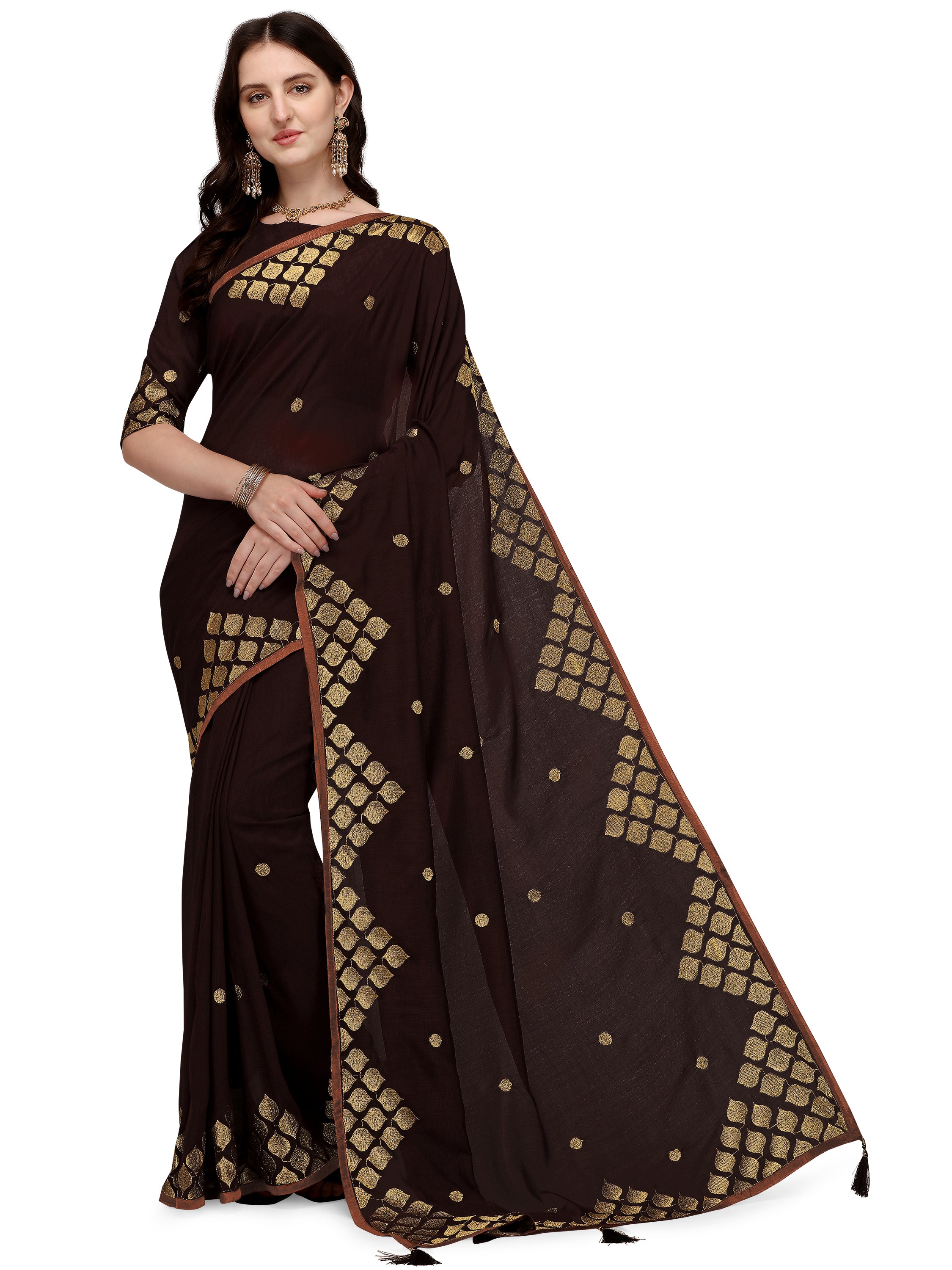 Women's Zari Embroided Paty Wear Traditional Silk Blend Saree With Blouse Piece (Black) - NIMIDHYA