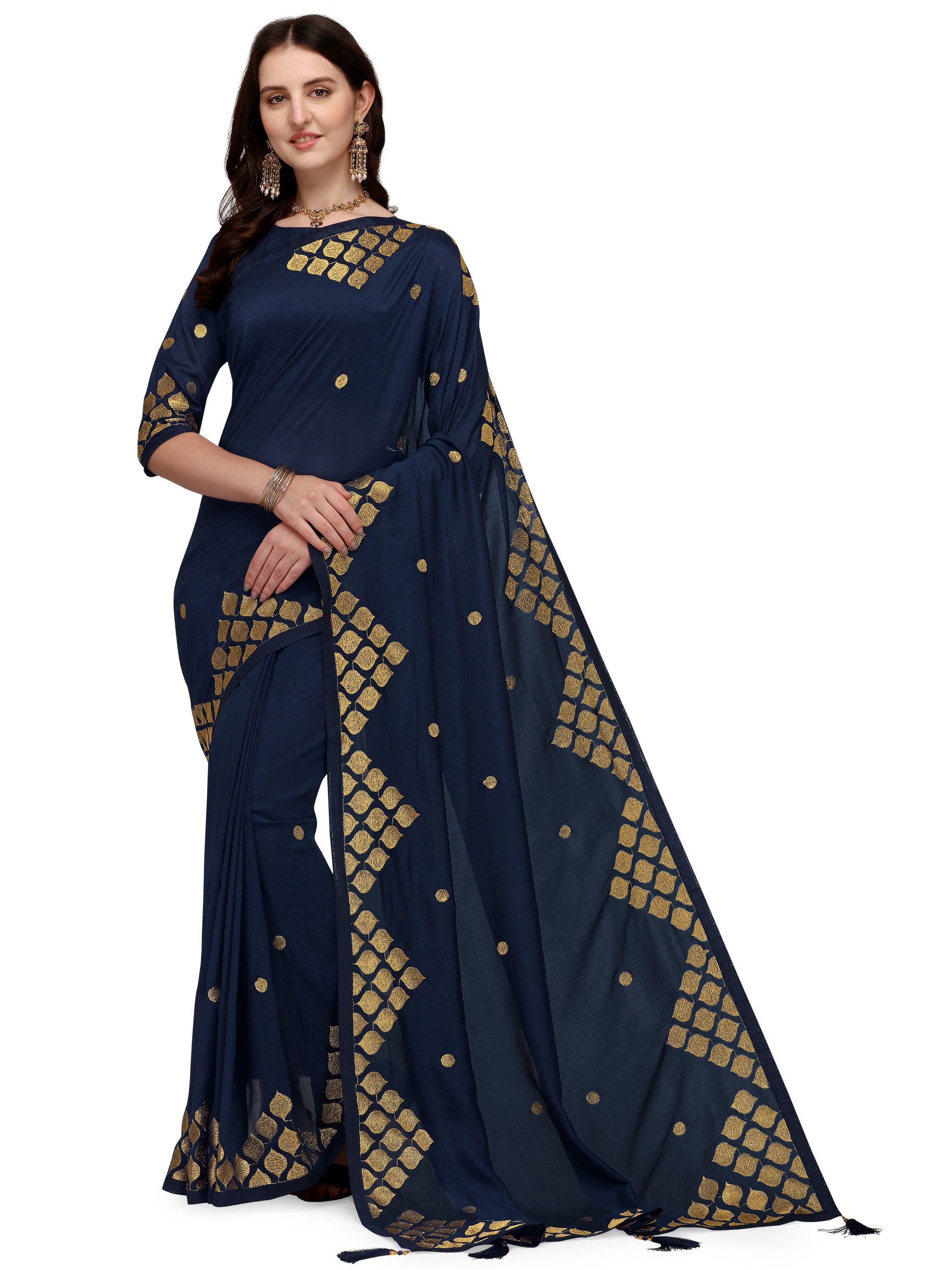 Women's Zari Embroided Paty Wear Traditional Silk Blend Saree With Blouse Piece (Dark Blue) - NIMIDHYA
