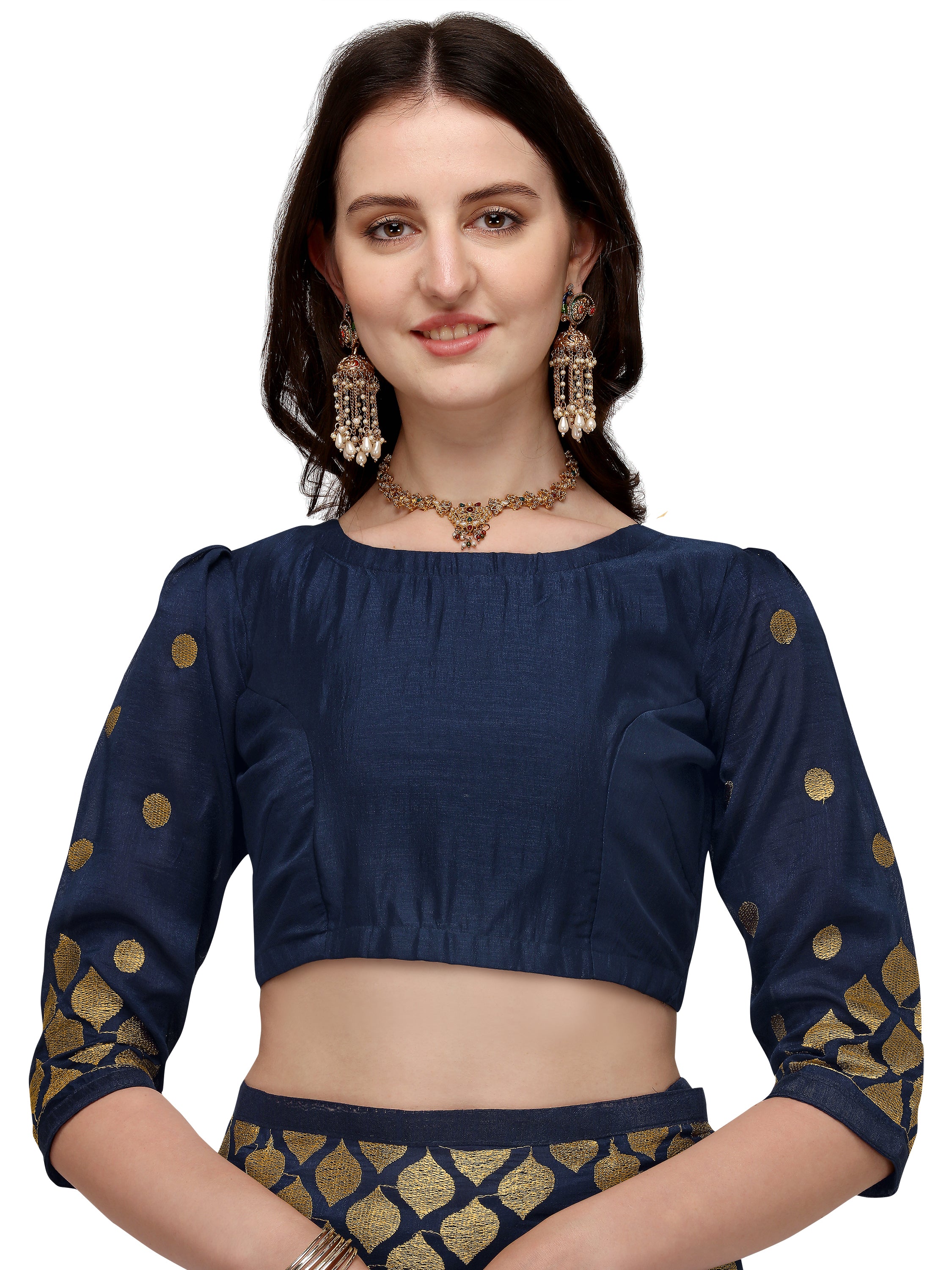 Women's Zari Embroided Paty Wear Traditional Silk Blend Saree With Blouse Piece (Dark Blue) - NIMIDHYA