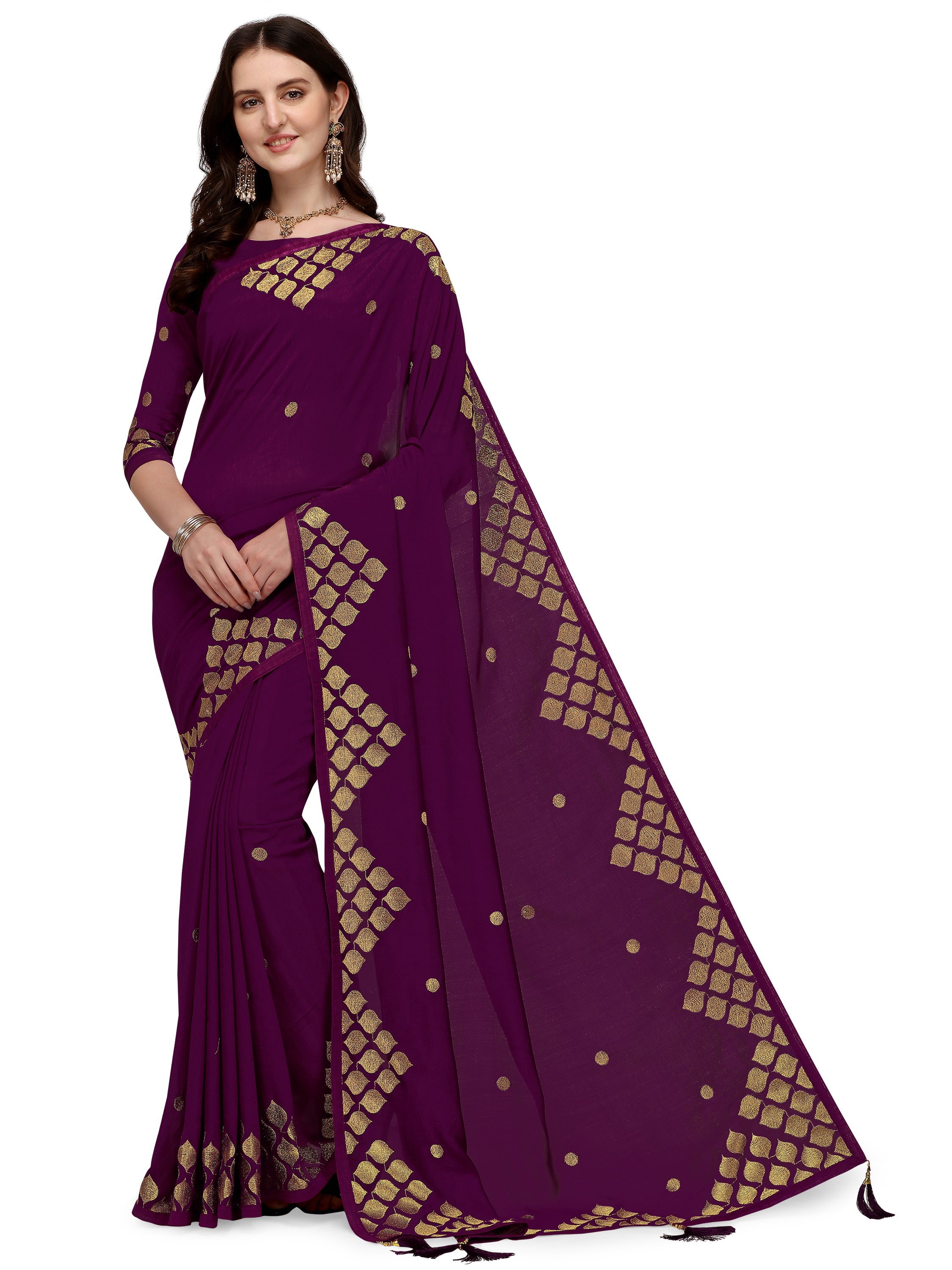 Women's Zari Embroided Paty Wear Traditional Silk Blend Saree With Blouse Piece (Purple) - NIMIDHYA