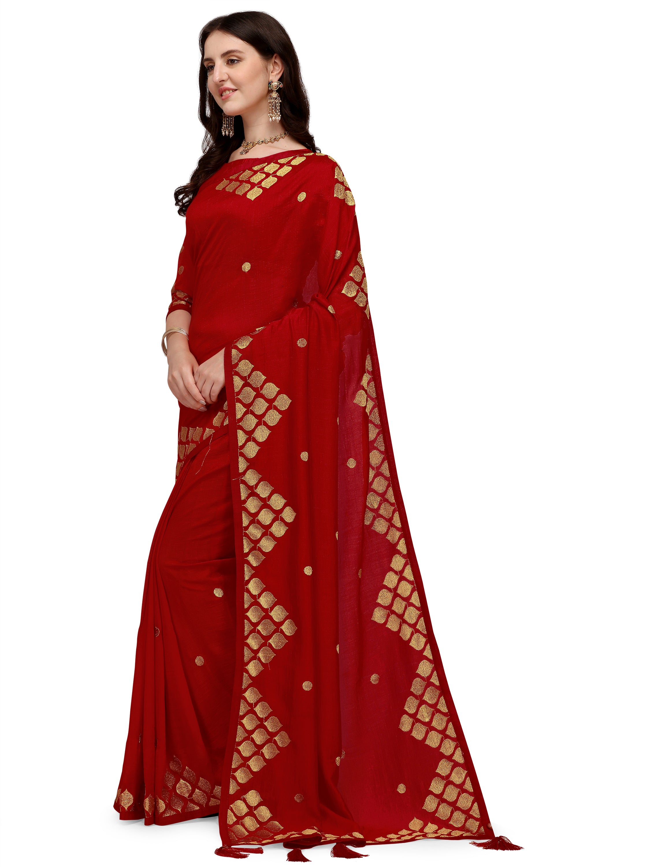 Women's Zari Embroided Paty Wear Traditional Silk Blend Saree With Blouse Piece (Red) - NIMIDHYA