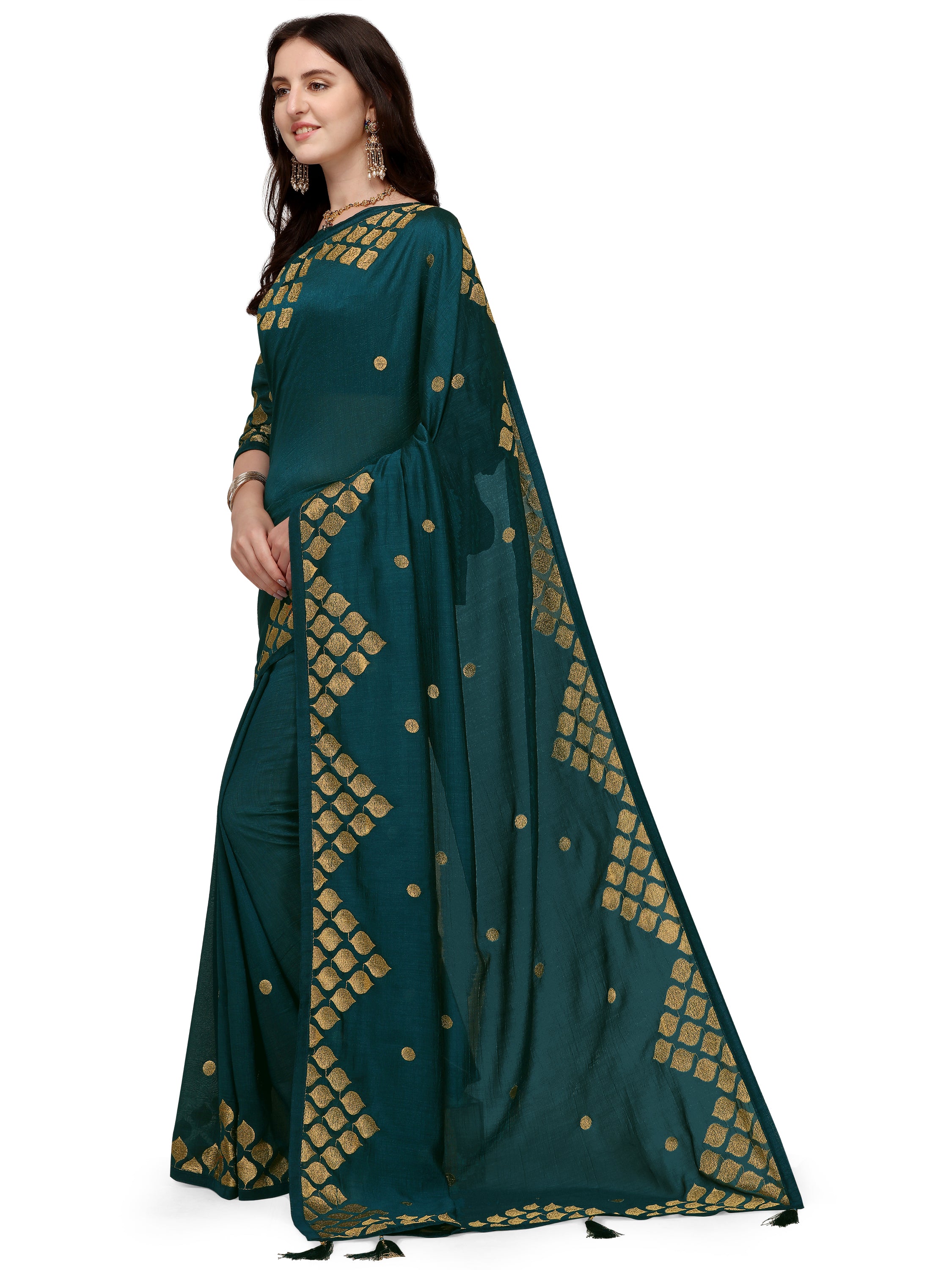 Women's Zari Embroided Paty Wear Traditional Silk Blend Saree With Blouse Piece (Teal) - NIMIDHYA