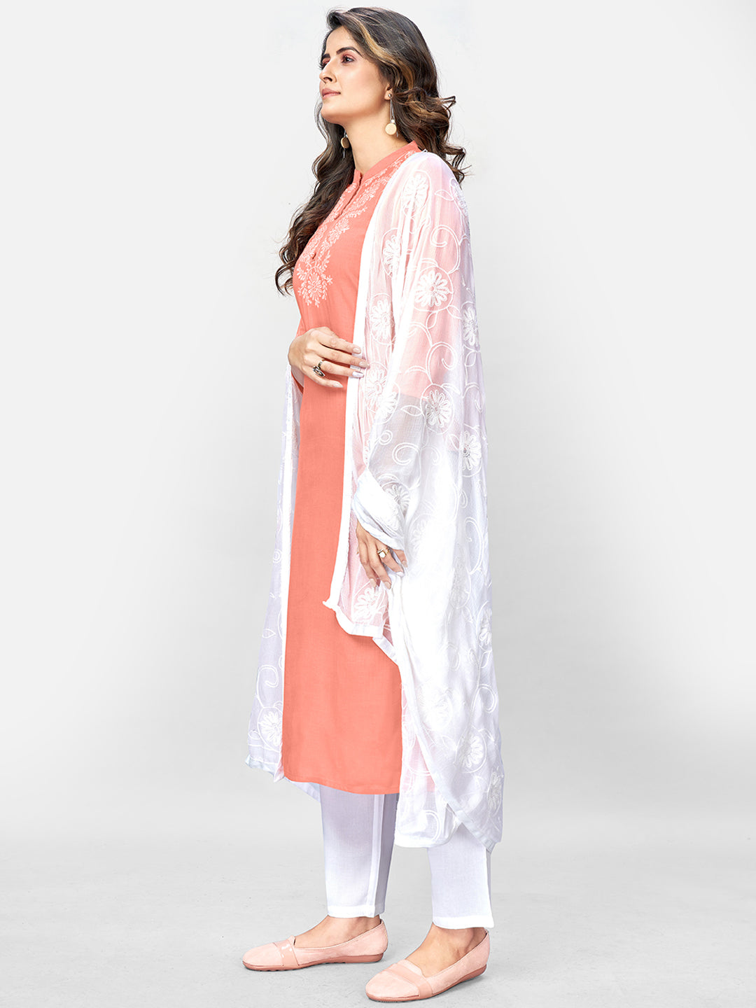Women's Peach Rayon Kurta With Pant & Dupatt