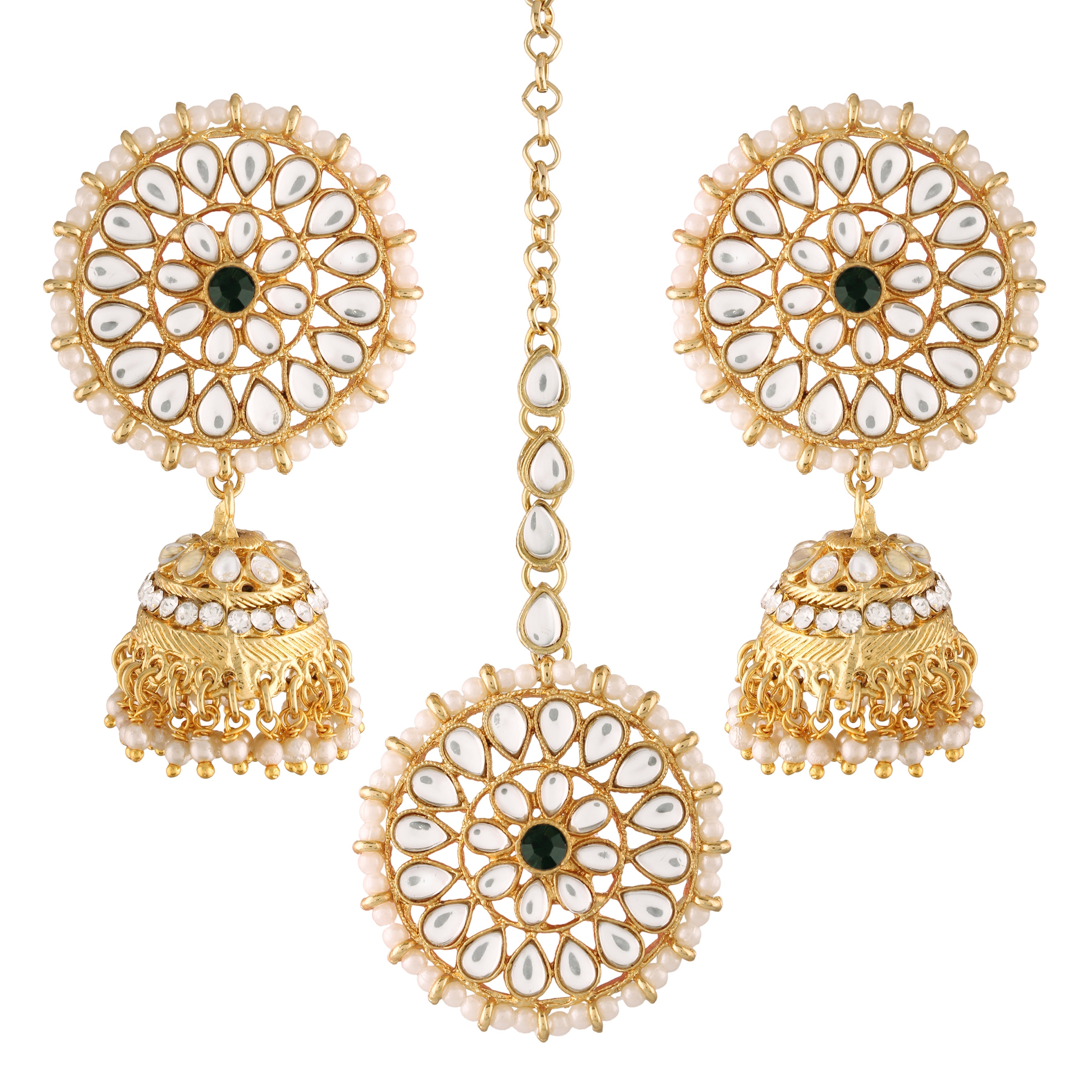 Women's Traditional Gold Plated Chandbali Kundan & Pearl Earring Set with Maang Tikka