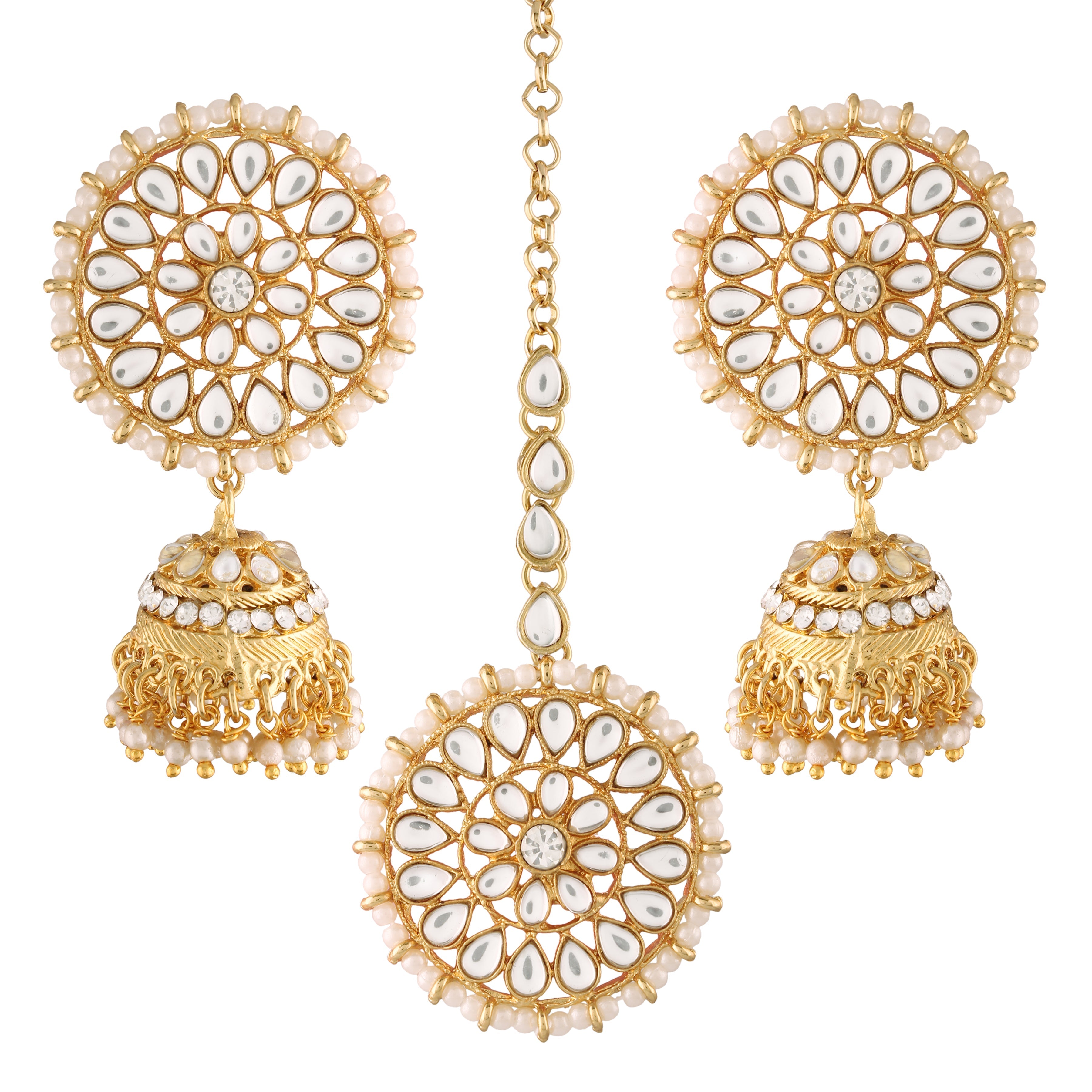 Women's Traditional Gold Plated Chandbali Kundan & Pearl Earring Set with Maang Tikka