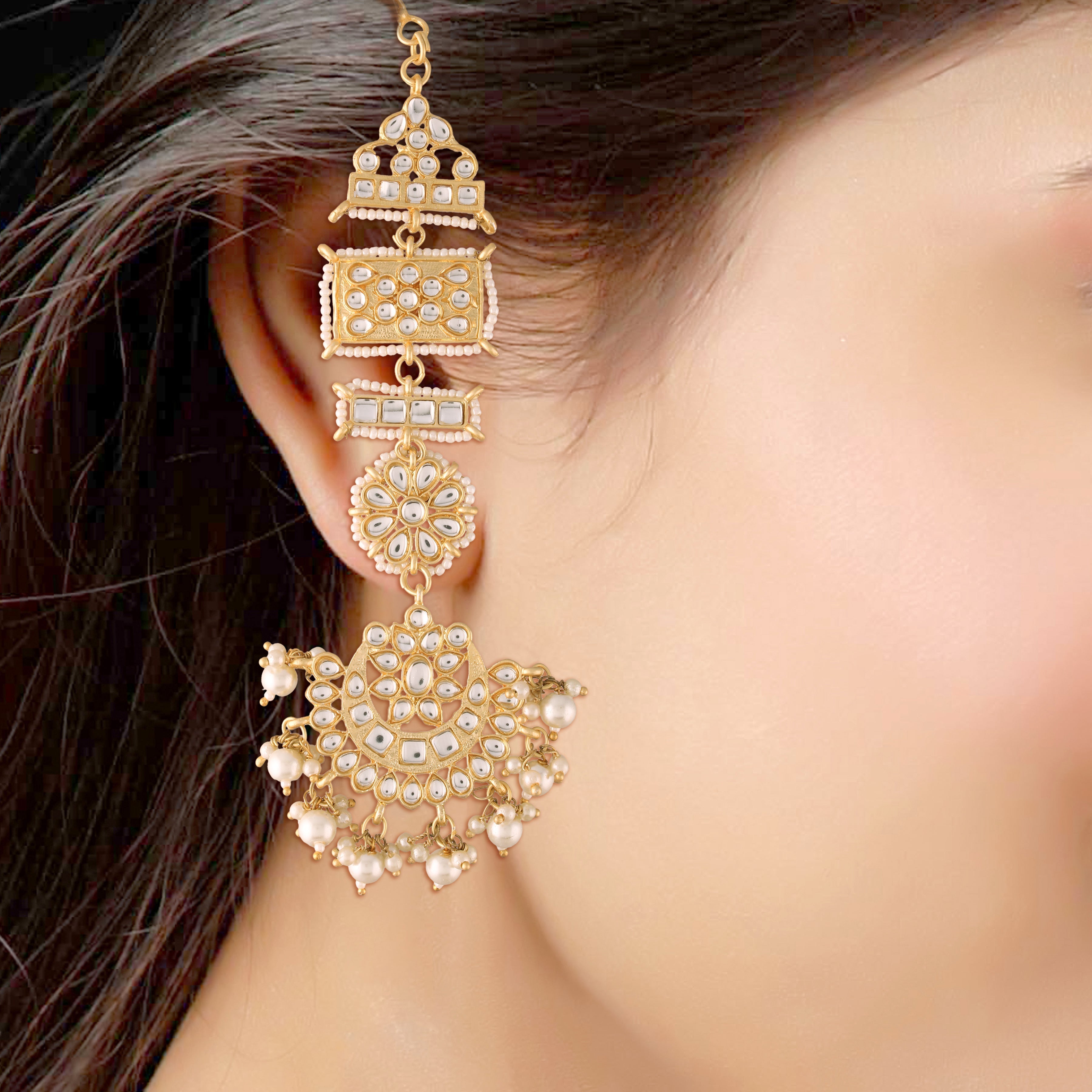 Women's Traditional Gold Plated Chandbali Kundan & Pearl Earring Set with Maang Tikka