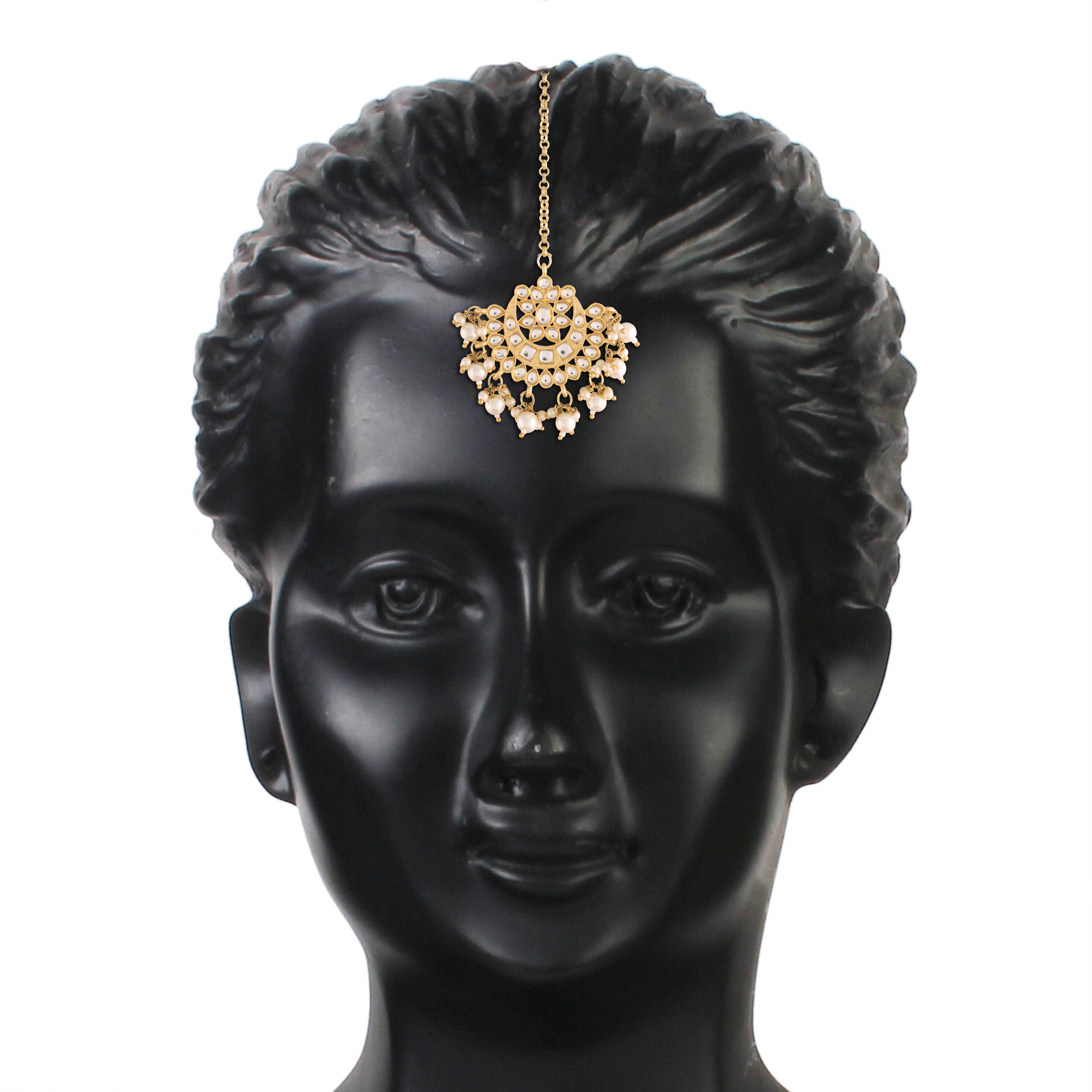 Women's Traditional Gold Plated Chandbali Kundan & Pearl Earring Set with Maang Tikka