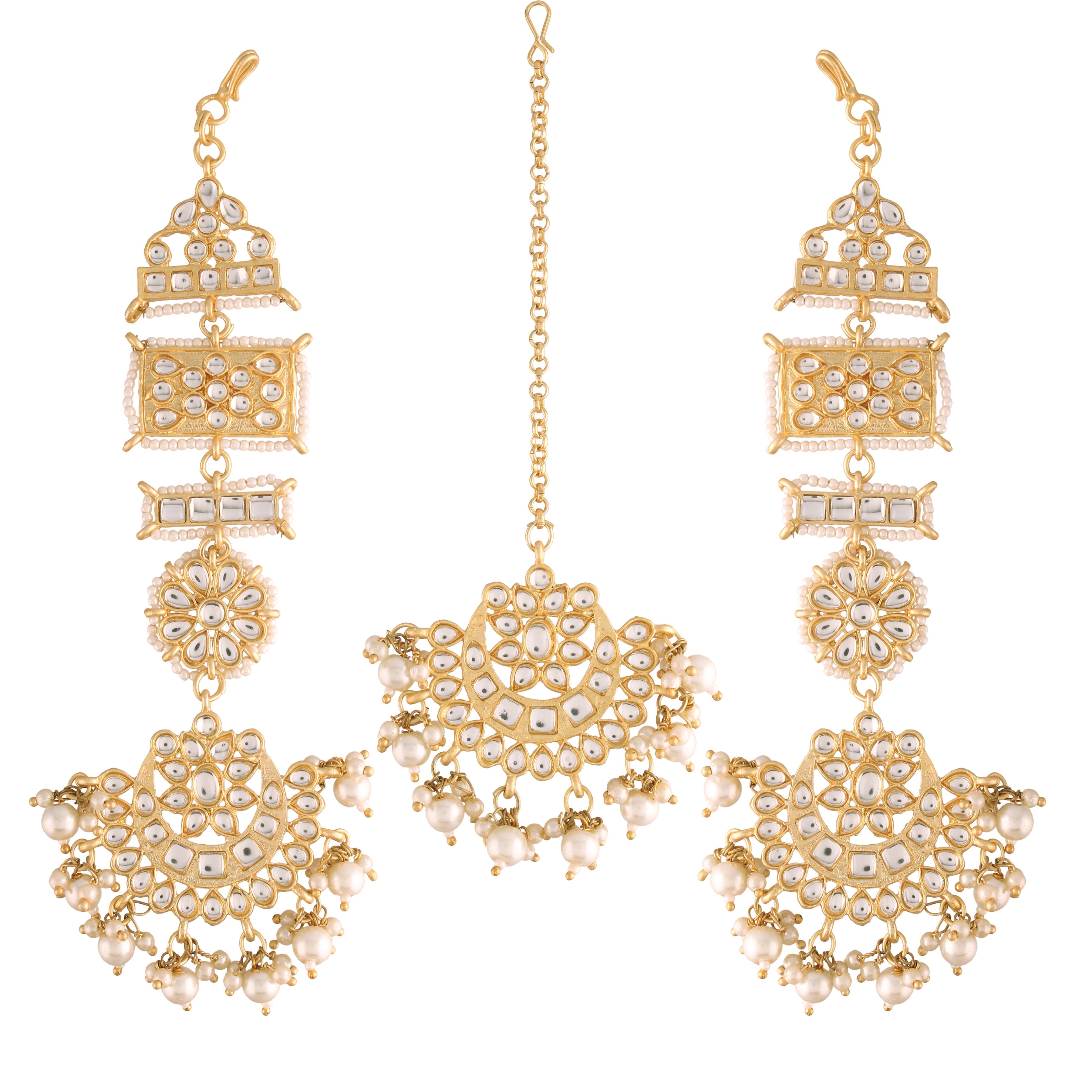 Women's Traditional Gold Plated Chandbali Kundan & Pearl Earring Set with Maang Tikka