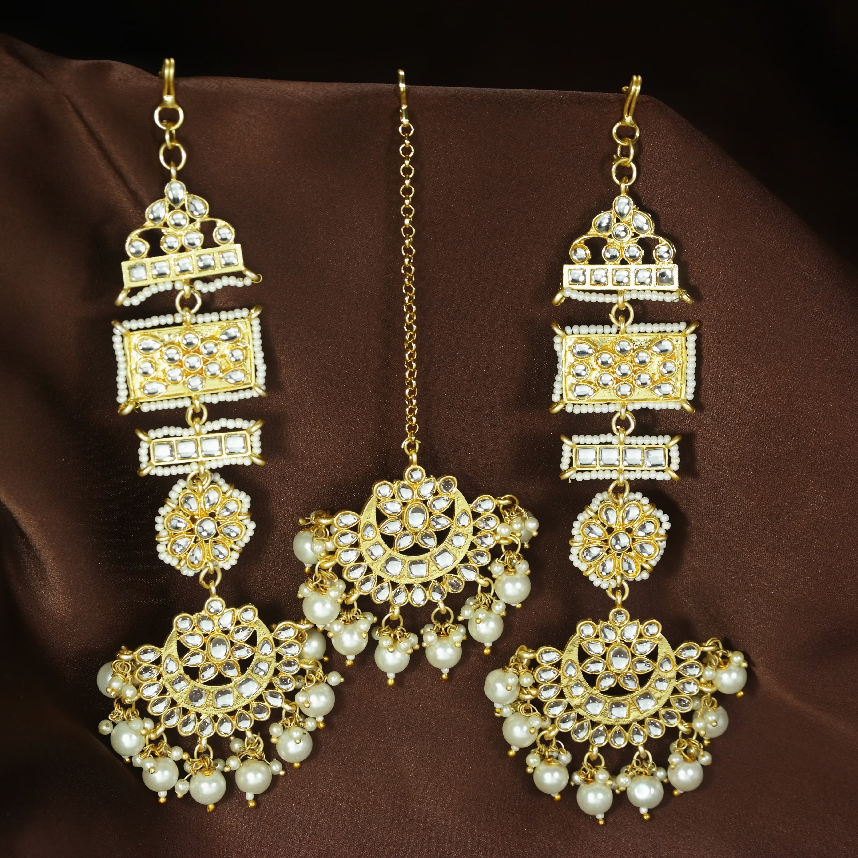 Women's Traditional Gold Plated Chandbali Kundan & Pearl Earring Set with Maang Tikka