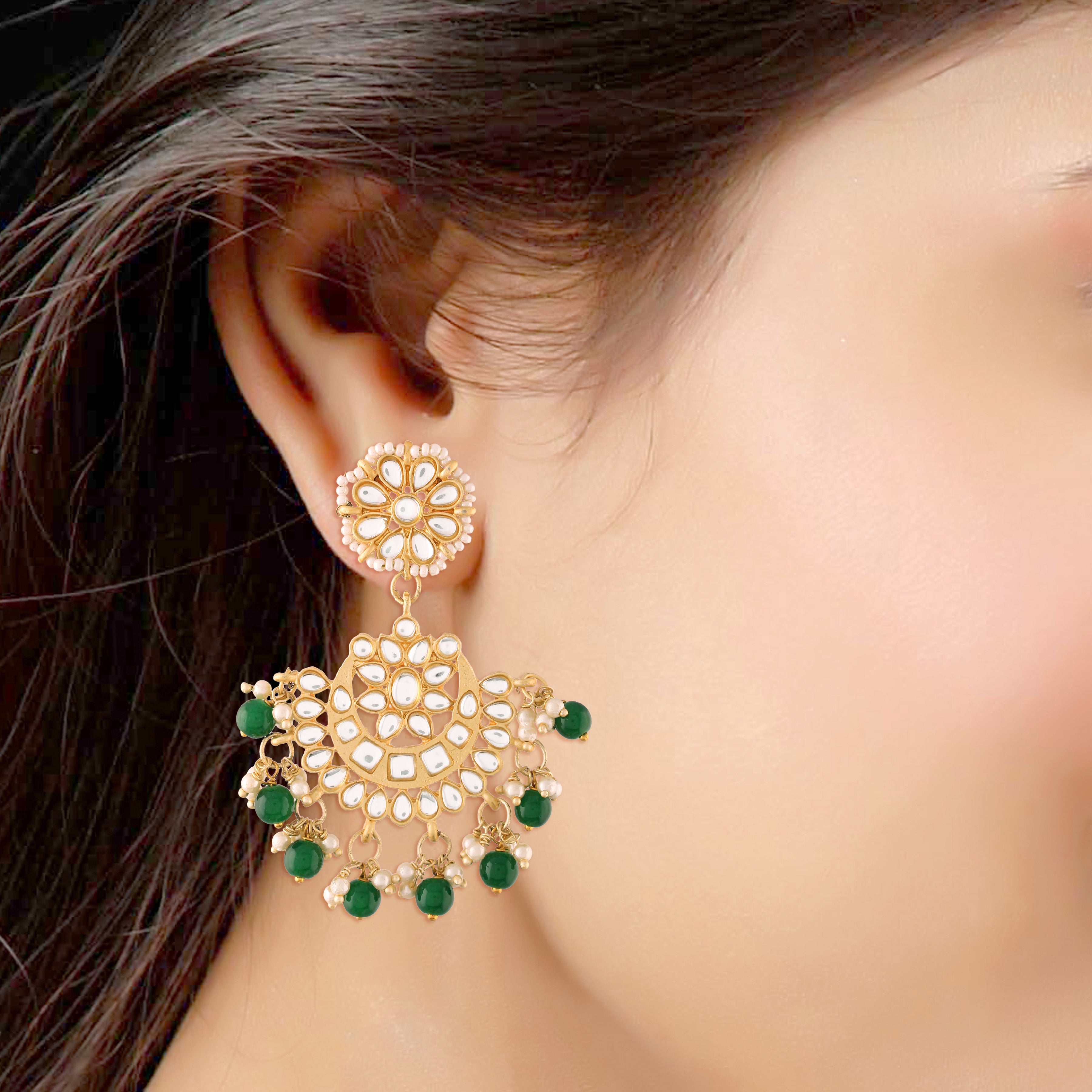 Women's Traditional Gold Plated Chandbali Kundan & Pearl Earring Set with Maang Tikka