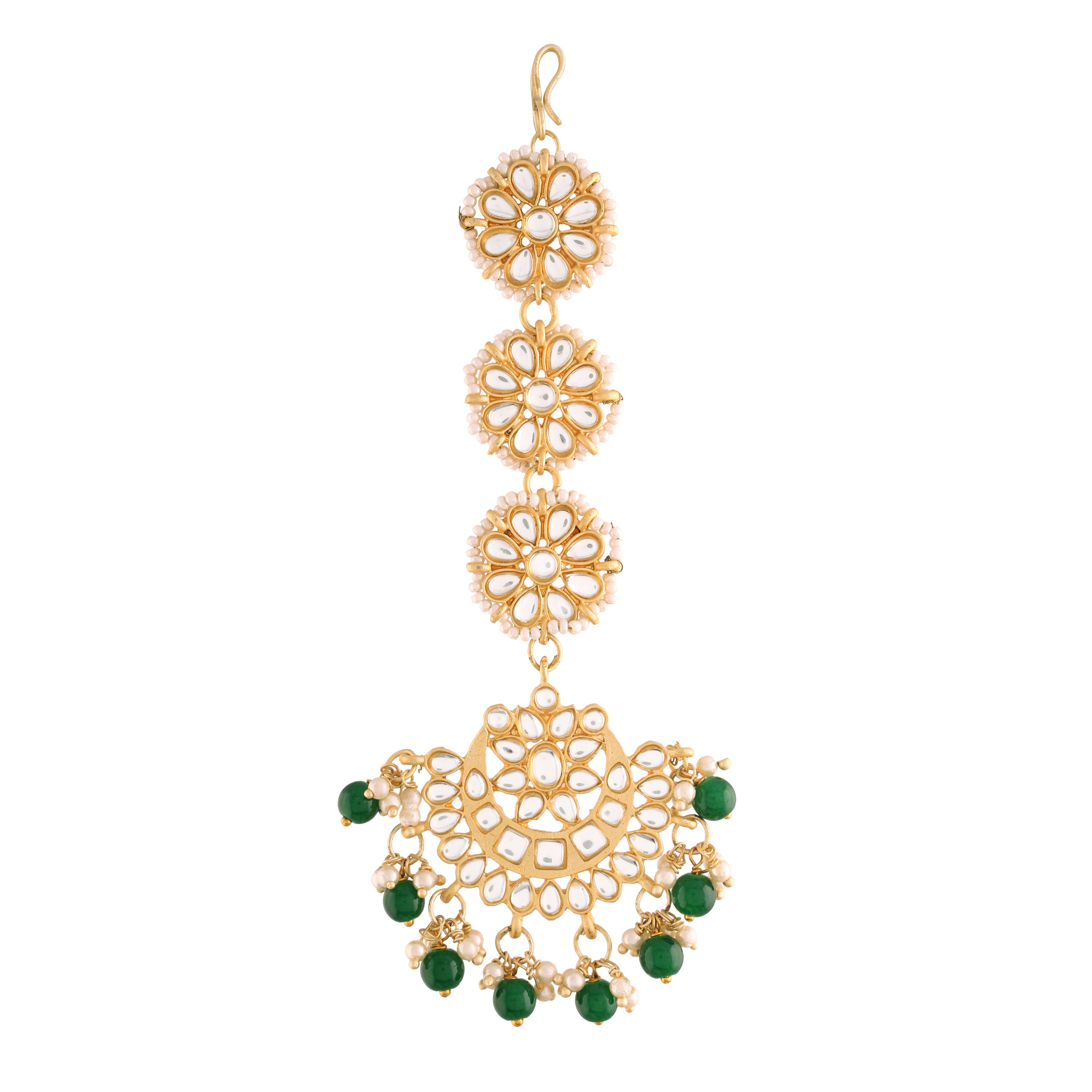 Women's Traditional Gold Plated Chandbali Kundan & Pearl Earring Set with Maang Tikka