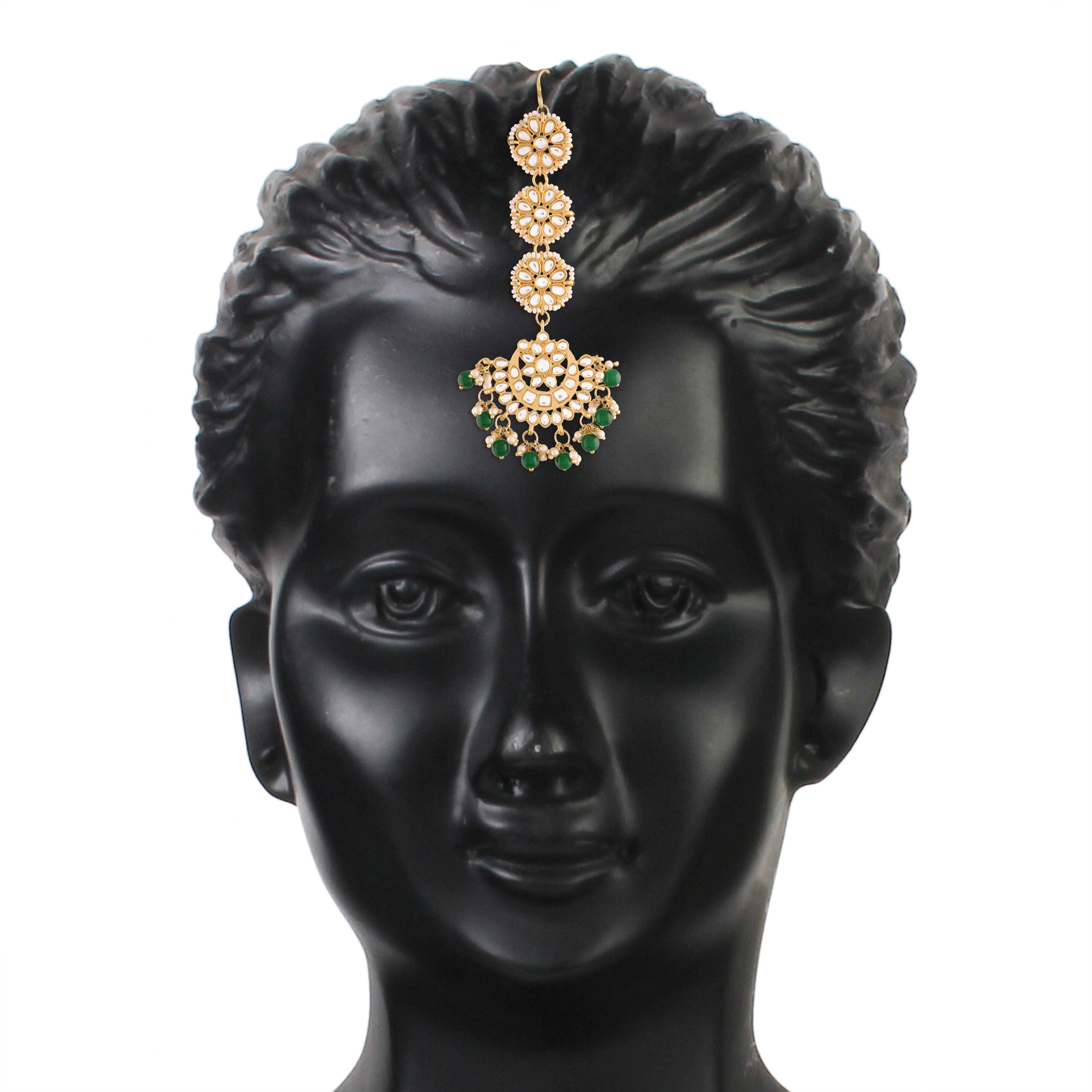 Women's Traditional Gold Plated Chandbali Kundan & Pearl Earring Set with Maang Tikka